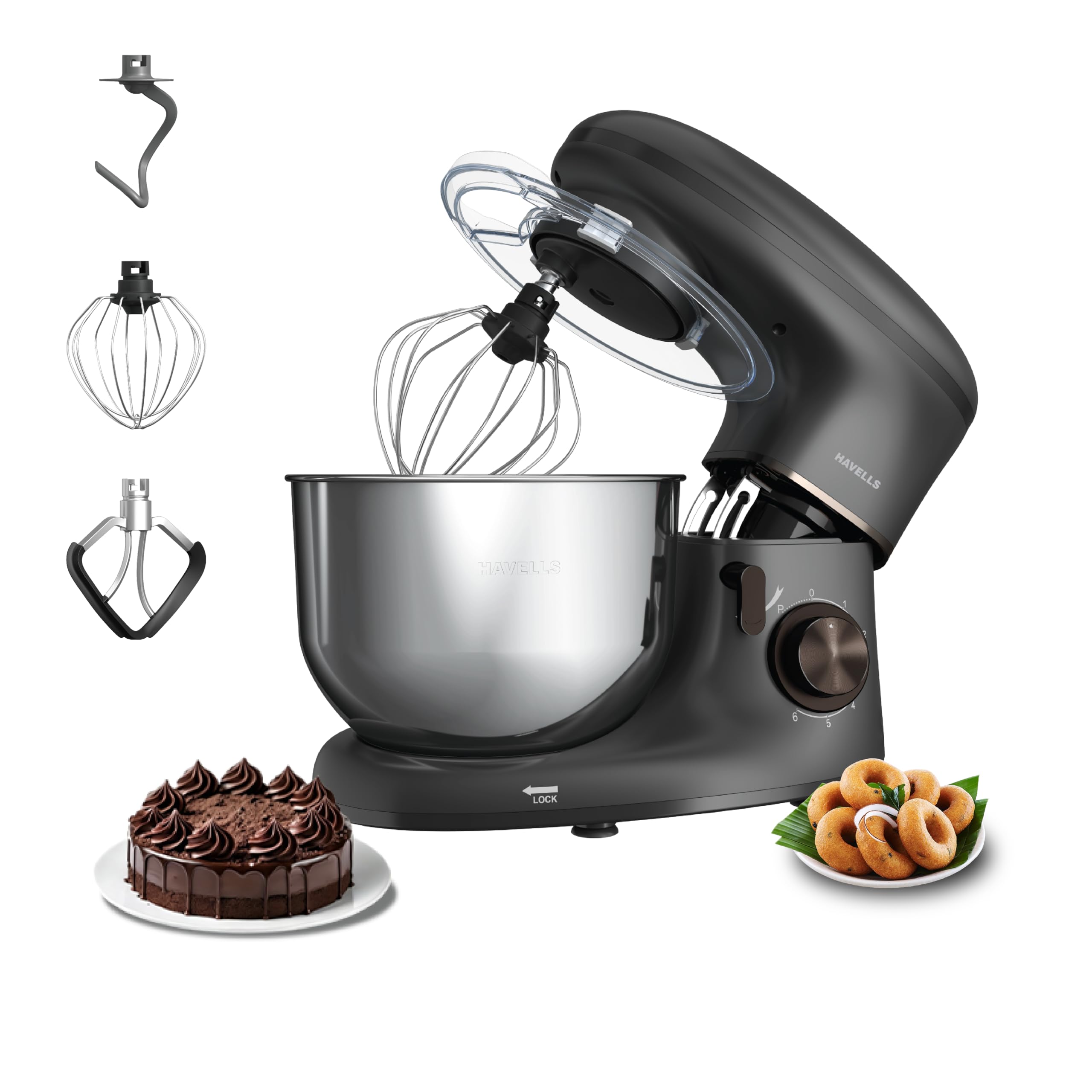 Havells Crescent Stand Mixer 1100W|100% Copper Motor|Rust Resistant 5.5L SS Bowl|Teflon Coated Douge Hook & Mixing Beater|Baking,Cake Mixer,Kneading| 6 Speed Setting with Pulse Function(Black)-image-29