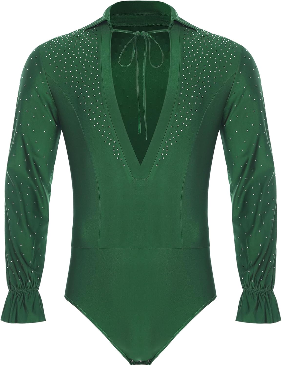 Men's Latin Dance Leotard Shirt Deep V Neck Long Sleeve Samba Rumba Ballroom Jazz Dance Bodysuit Tops