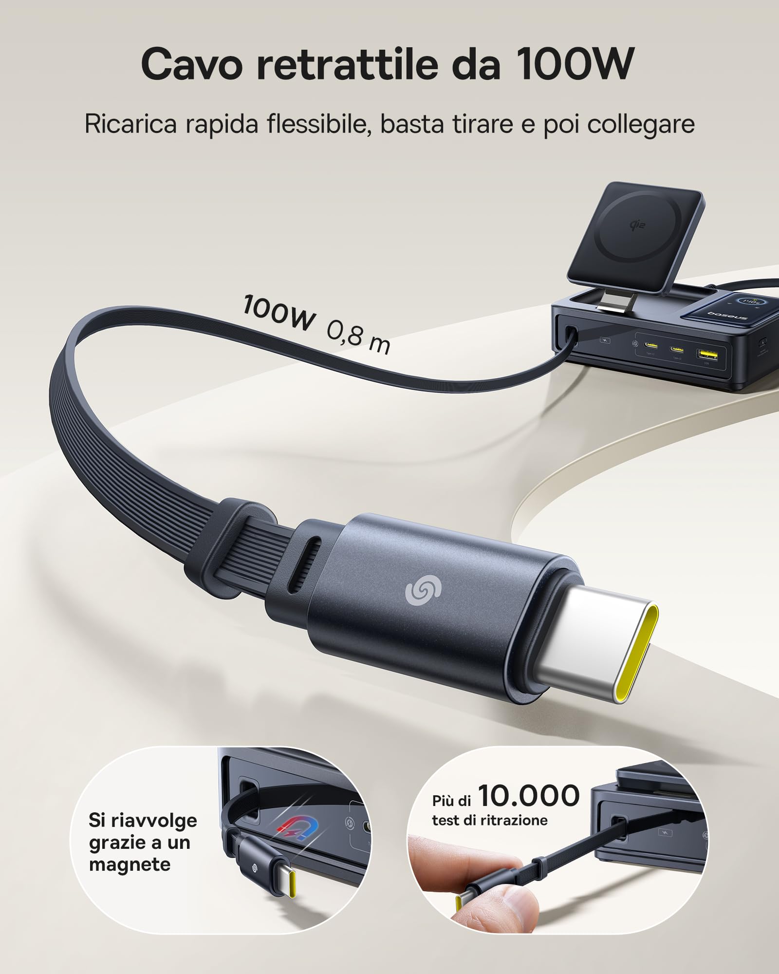 Baseus NOMOS 5 in 1 Stazione di Ricarica, 140W Caricatore con MagSafe Qi2.0(15W), Cavo Retrattile Tipo C, 2 USB-C, 1 USB-A, Display Digitale, per iPhone/MacBook/Samsung