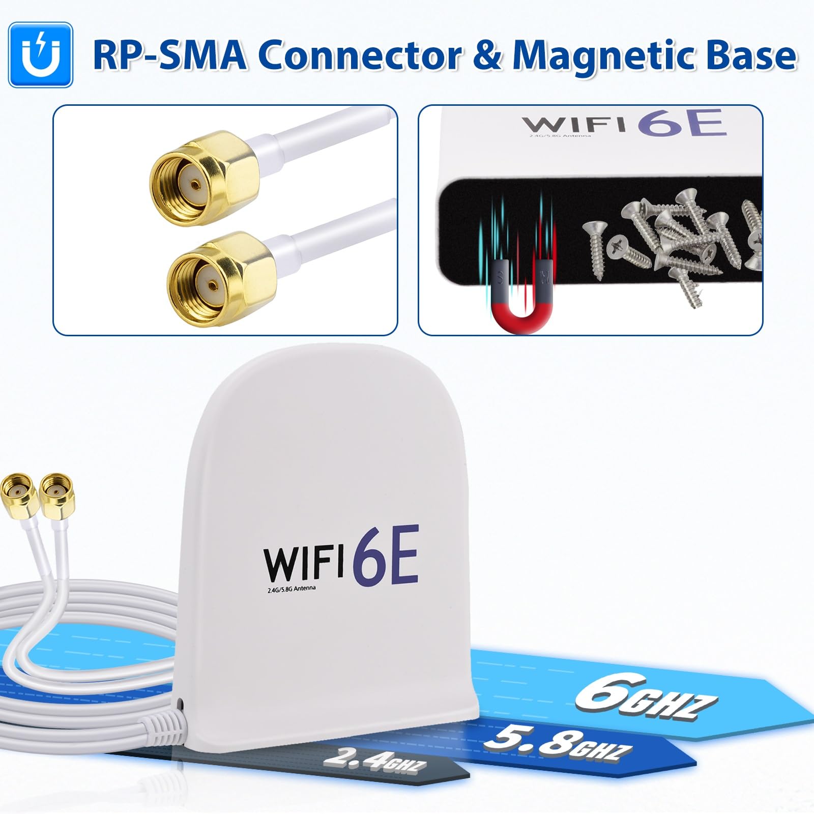 Bingfu Antenne WiFi 6E tri-bande 2,4 GHz 5 GHz 6 GHz MIMO RP-SMA mâle Base magnétique 8 dBi Antenne blanche avec câble de 2 m pour routeur WiFi, carte réseau sans fil, PC, carte mère PCI PCIe, caméra