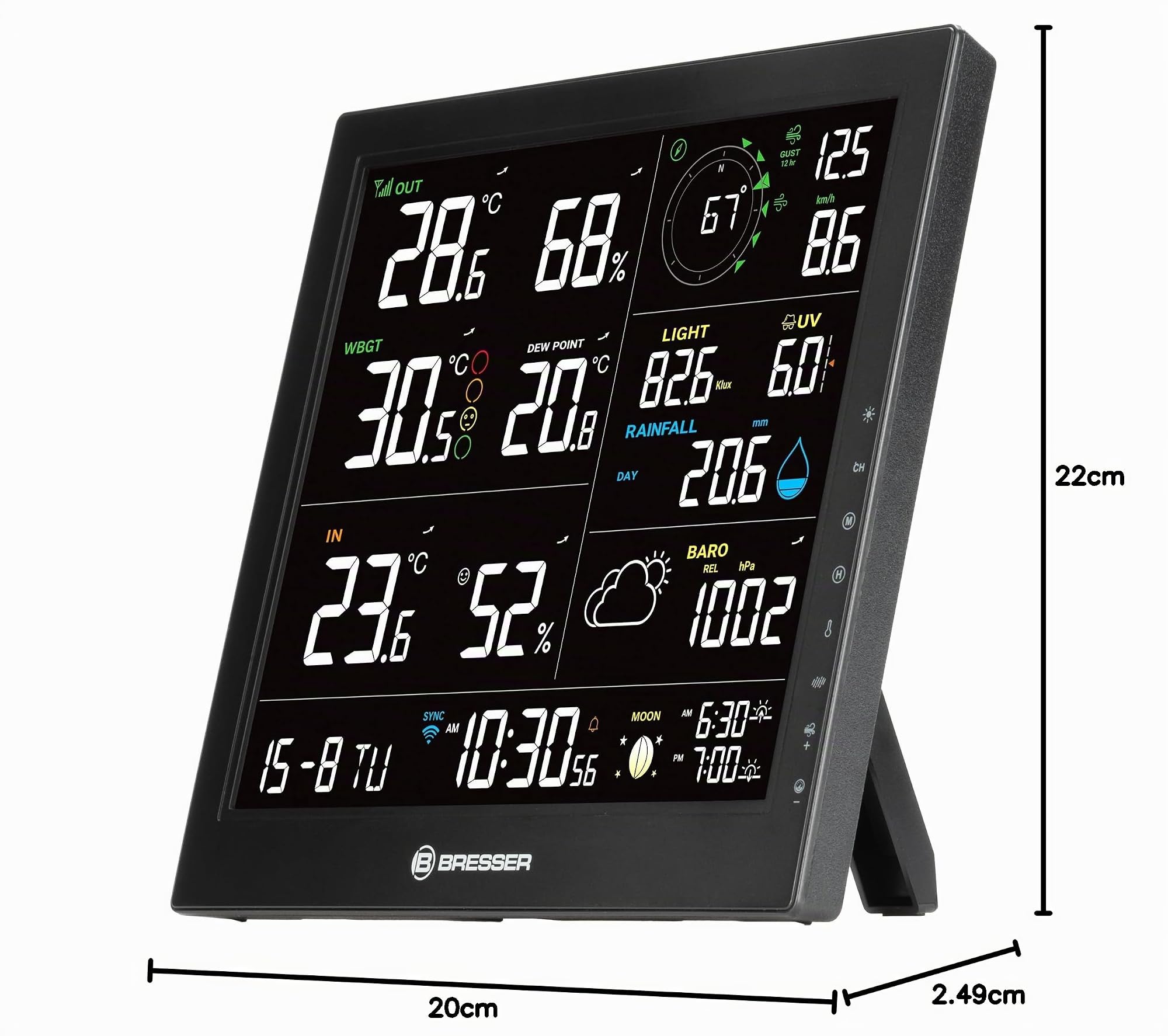 Bresser MeteoTemp JW Stazione meteo professionale Wifi con sensore 8 in 1 | Temperatura interna ed esterna, umidità, pluviometro, anemometro, previsioni meteo, app, WBGT, indice di calore