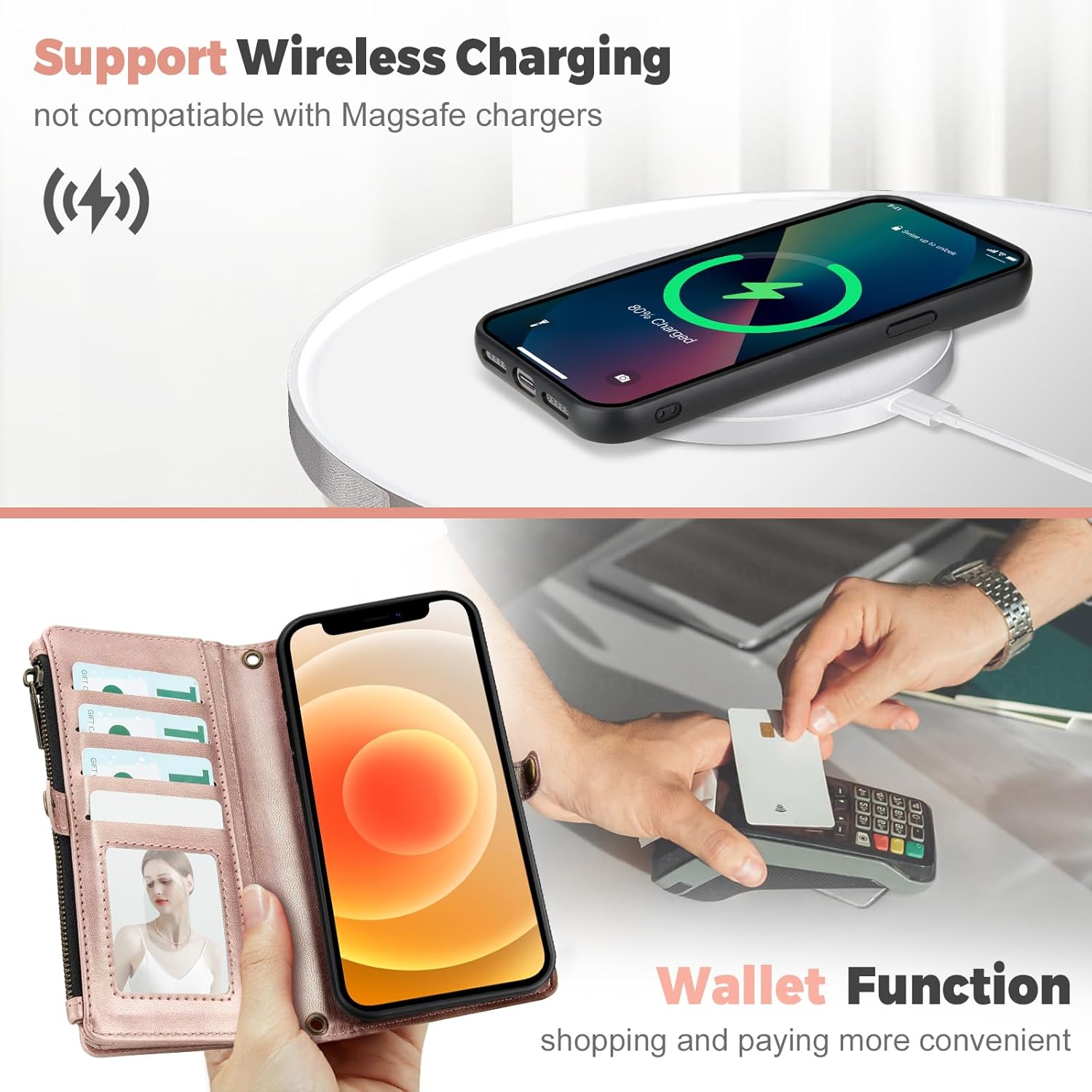 for iPhone 12&12 Pro Wallet Case【RFID Blocking】 PU Leather Phone Case Women Men flip Shockproof Protective Cover with Wrist Strap Zipper Credit Card Holder Slots(Rose Gold)