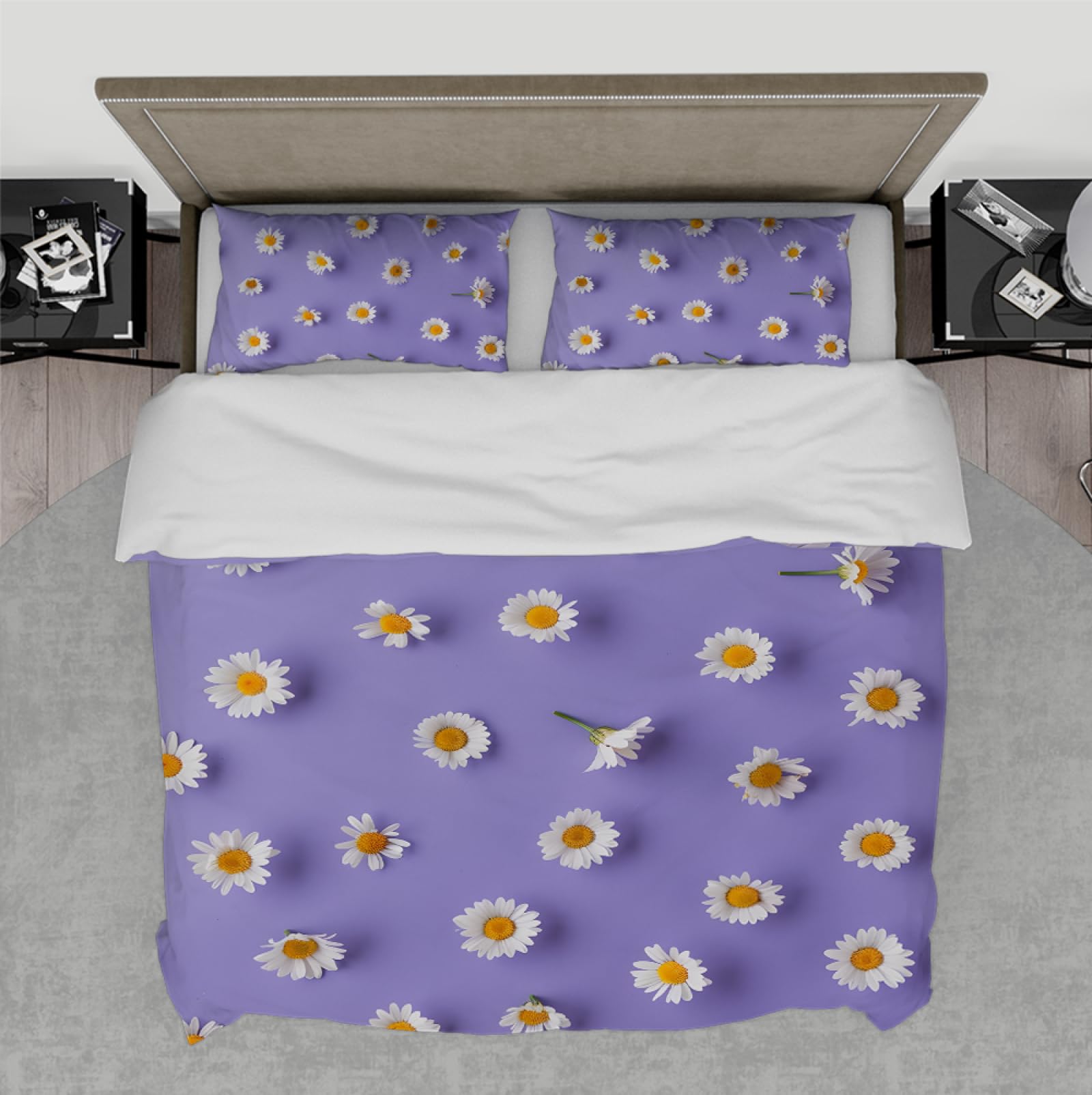 Comfort Purple Komplet pościeli, 3 sztuki, elegancka, piękna, biała, stokrotka, 2 poszewki na poduszkę na cały sezon, Home Decor 220 x 240 cm