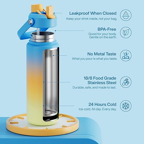 Miniatura 422 de ENCOOL Botella de agua aislada con popote, de acero inoxidable, a prueba de fugas, sin BPA, al vacío de doble pared que se mantiene fría durante 24