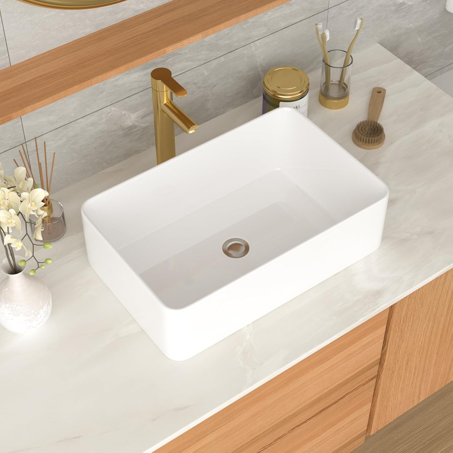 Rectangular Bathroom Vessel Sink 21"x14" Rectangle Above Counter White Porcelain Ceramic Vessel Vanity Sink Art Basin