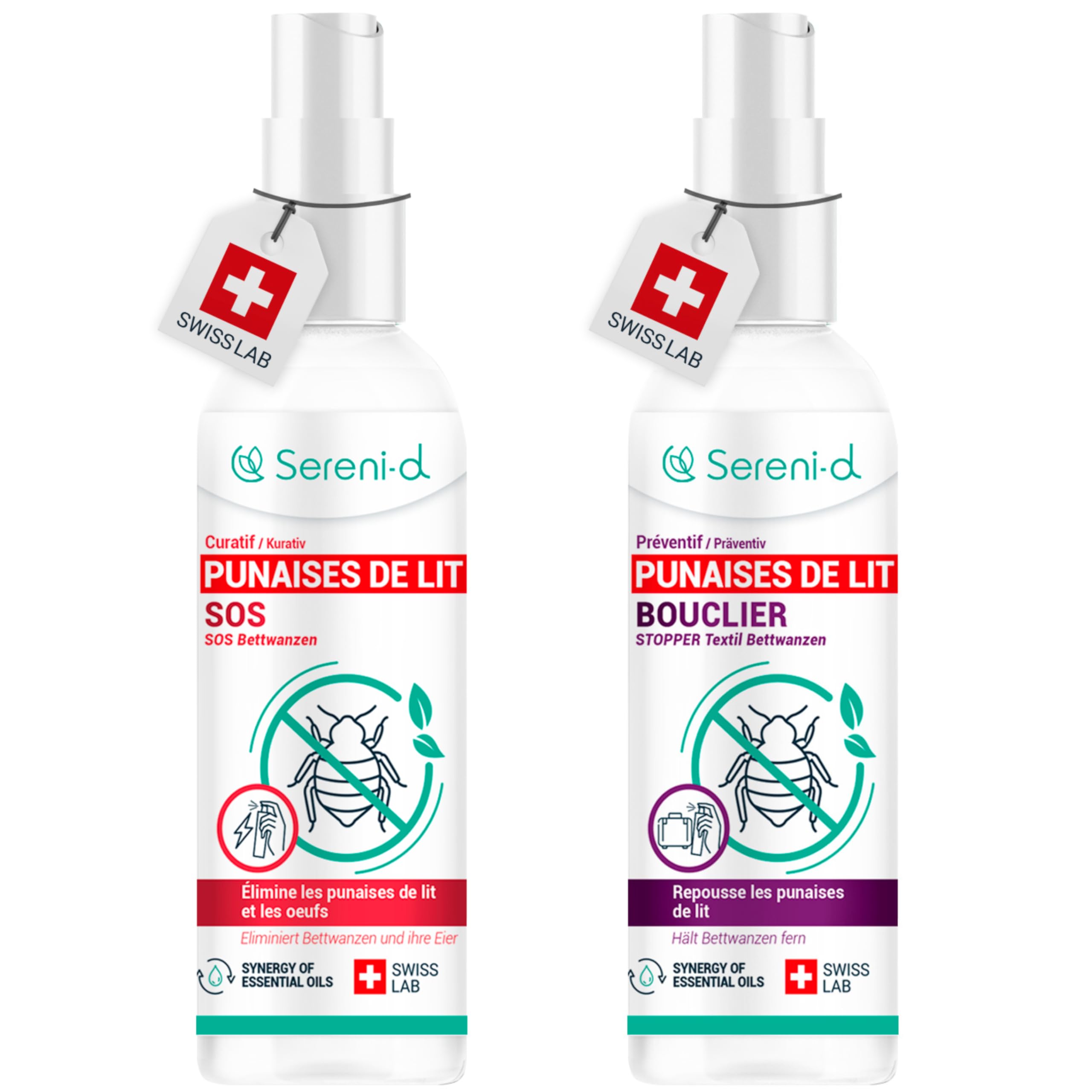 SERENI-D - KIT TRANQUILLITÉ - SOS ANTI PUNAISES DE LIT SUPER PUISSANT + SPRAY BOUCLIER RÉPULSIF HAUTEMENT EFFICACE - Traitement naturel à double efficacité curative et préventive - Swiss Lab