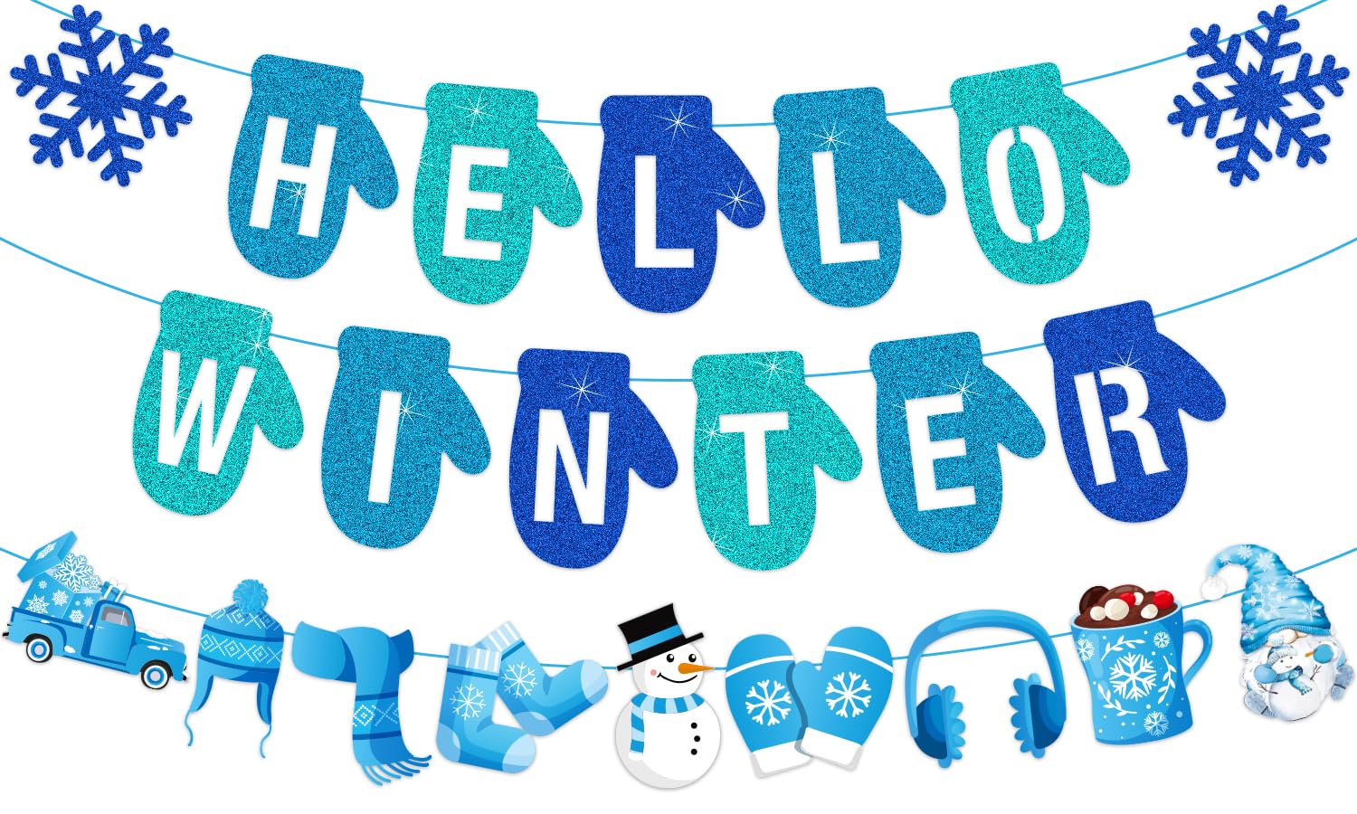 No-DIY Blue Glitter Hello Winter Banner, Winter Party Decorations, Winter Decorations For Office, Snowflake Winter Banner for Home Office Wall Mantle Decorations