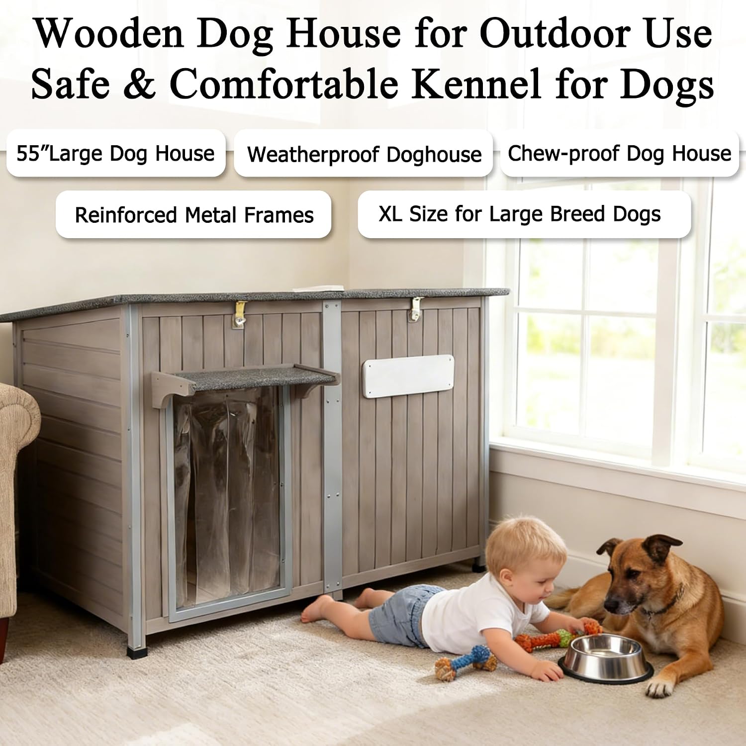 PetsCosset Dog House for Outdoor Indoor Large Dogs 55" XL Large Weatherproof Doghouse with Iron Frames, Openable Asphalt Roof,Elevated Feet, Reinforced Bottom Wooden Dog Kennel