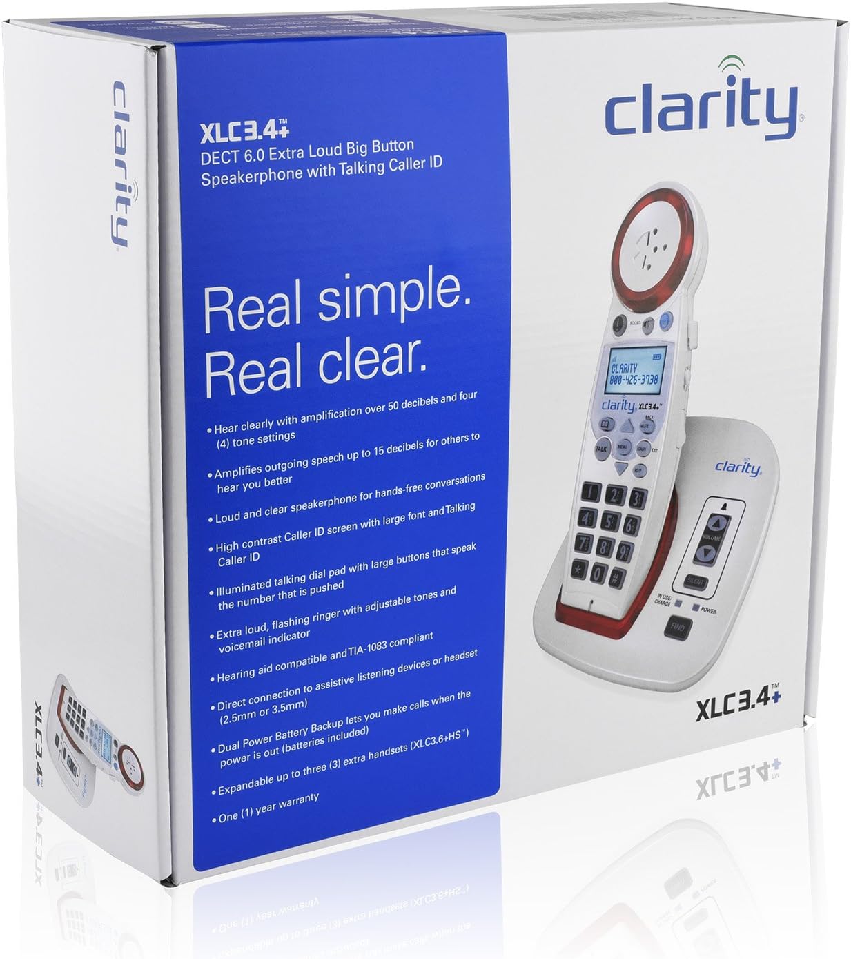 Clarity XLC3.4+ Amplified Cordless Landline Phone for Seniors, Elderly, Hard of Hearing, Hearing Impaired | Portable 50dB Home Phone w/Built-in Telephone Amplifier, Loud Ringer, Talking Caller ID