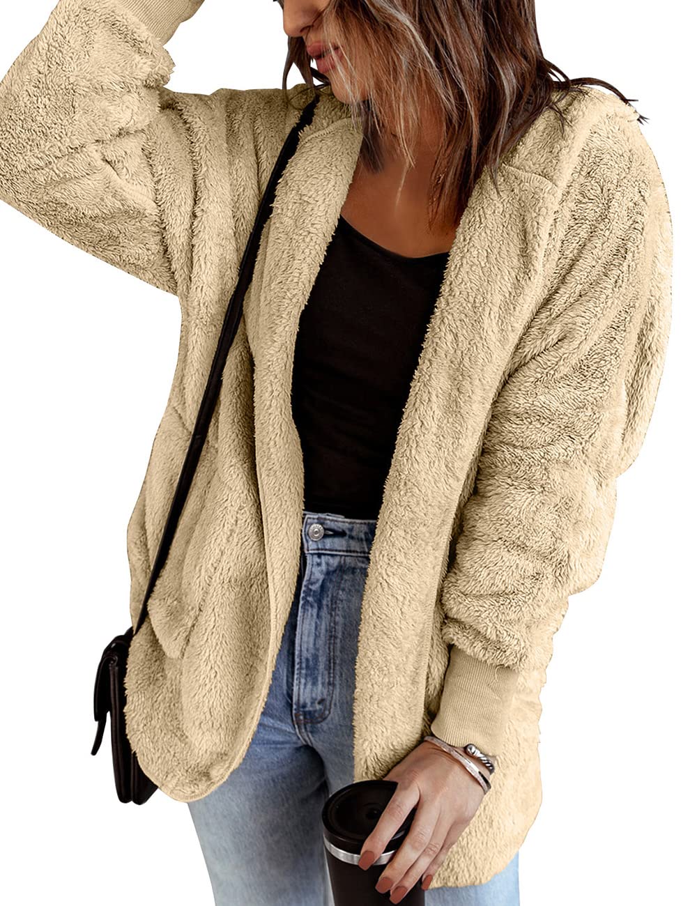 Vetinee Women Casual Fuzzy Fleece Hooded Cardigan Pocket Faux Fur Outerwear Coat