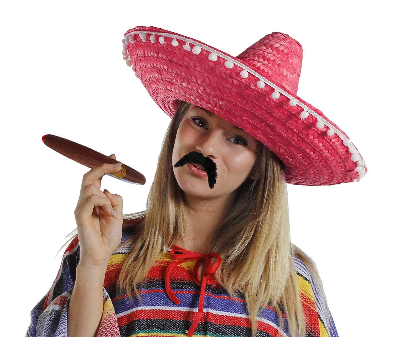 I LOVE FANCY DRESS 6X RED MEXICAN SOMBRERO HATS PLUS 6X MOUSTACHE PLUS 6X FAKE JUMBO CIGAR STRAW — image 1