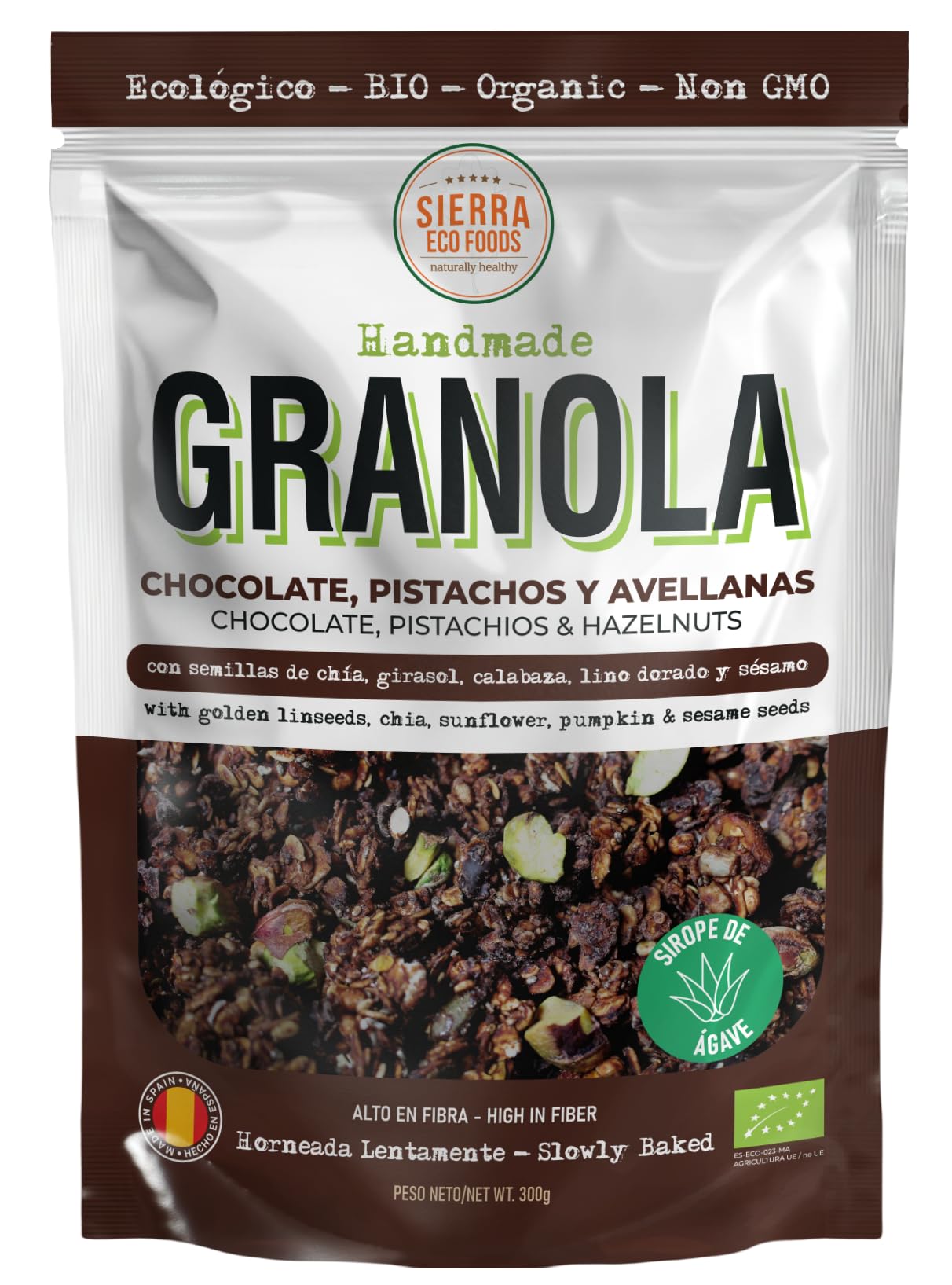 Granola Ecológica y Artesana con Chocolate (70%), Pistachos y Avellanas, Sirope de Ágave y Aceite de Oliva Virgen Extra, Semillas/Pack 6x300g (1,8 kg)