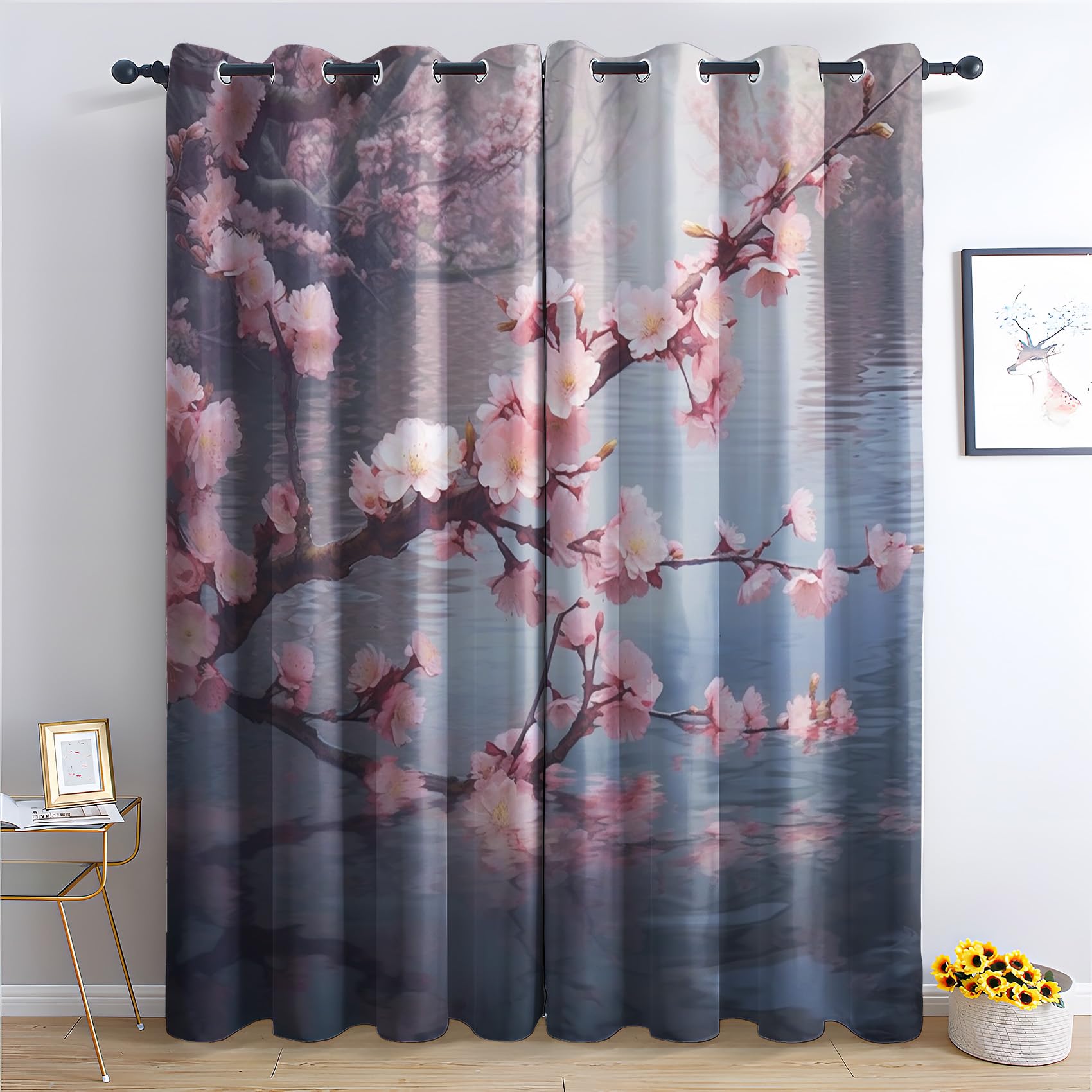 Cherry Blossom Curtains for Bedroom Living Room - Japanese Blackout Curtains 52 x 84 Inch (Width x Drop), Thermal Insulated Eyelet Curtains & Drapes, Decorative Window Treatments V-&60