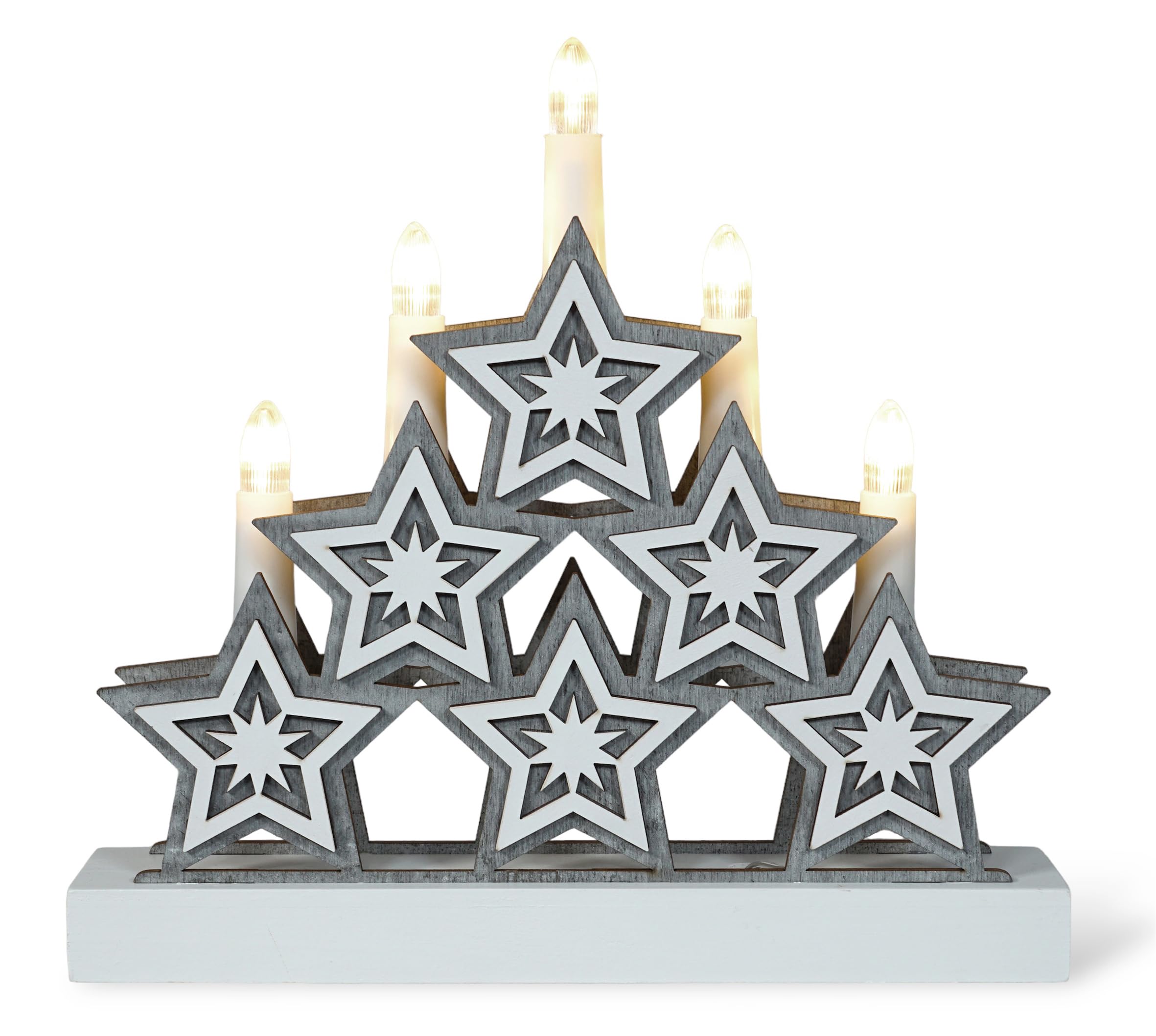St Helens Home & Garden Xmas Haus Natural Festive Wood LED Light Up Christmas 5 Candle Bridge Arch Decoration With Stars Battery Operated