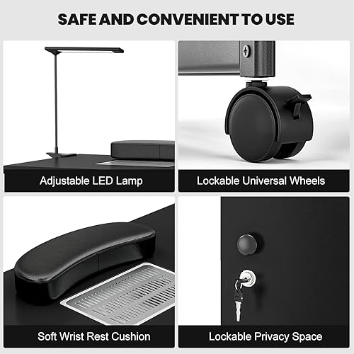 Miniatura 5 de Paddie Mesa de manicura estación de mesa de uñas con marco de acero estación de trabajo de salón de belleza con ventilación eléctrica de corriente