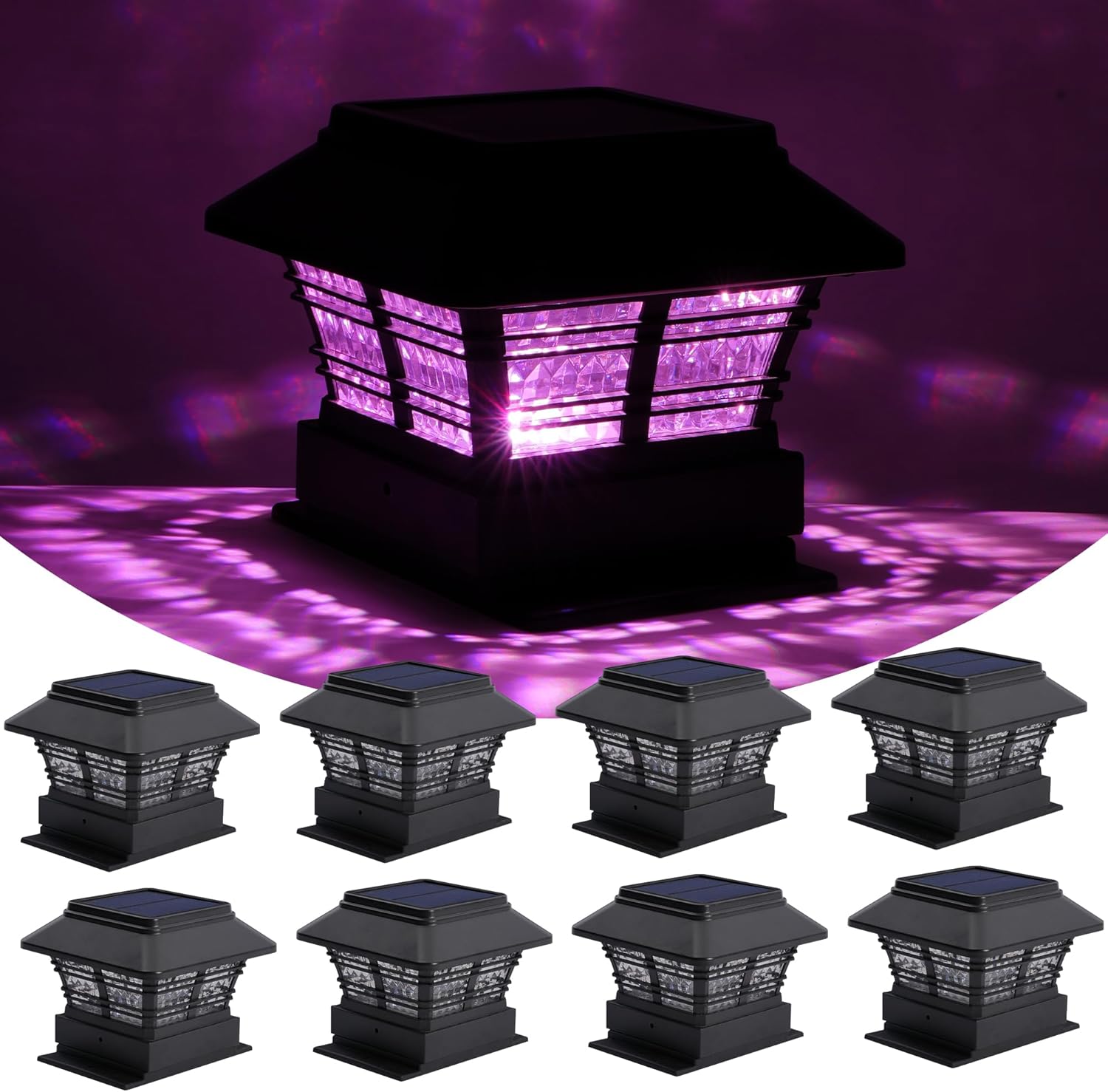RGB Solar Post Lights with 5 Lighting Modes, Deck Lights Solar Powered for Yard, 4x4 Wood Fence Post Cap, IP65 Waterproof (8 Pack)