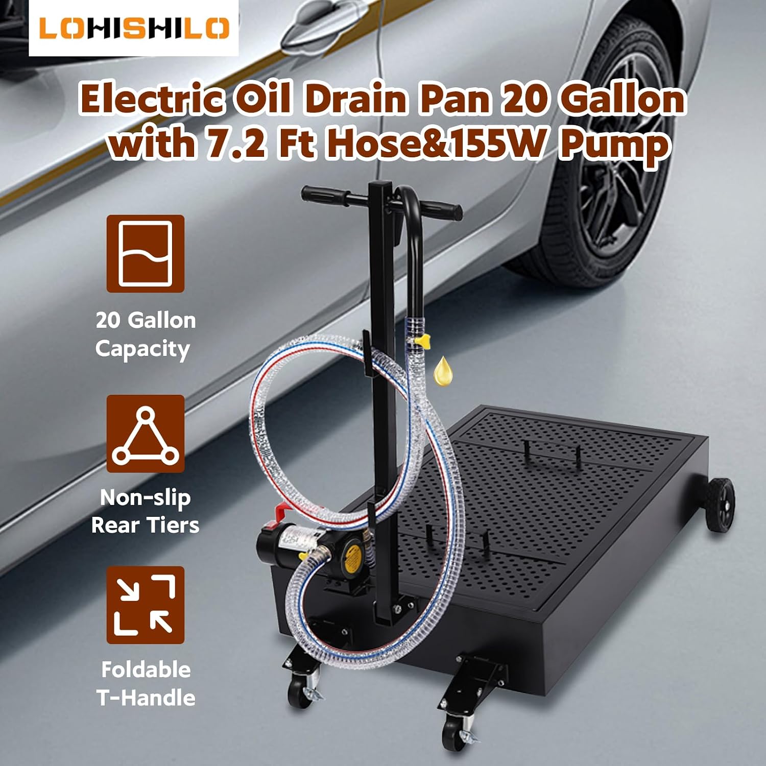 Oil Drain Pan 20 Gallon Electric Oil Drain Pan with 155W Pump 4500r/min & 7.2 Ft Hose, Oil Drain Cart with Low Profile & T Folding Handle Oil Drain Cart for Truck Cars SUVs, Black