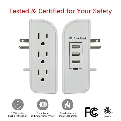 Miniatura 6 de Clear Power Protector de sobretensiones de 3 salidas laterales de 1200 julios con 3 puertos USB-A y cargadores USB-C de 1 puerto, CP30009