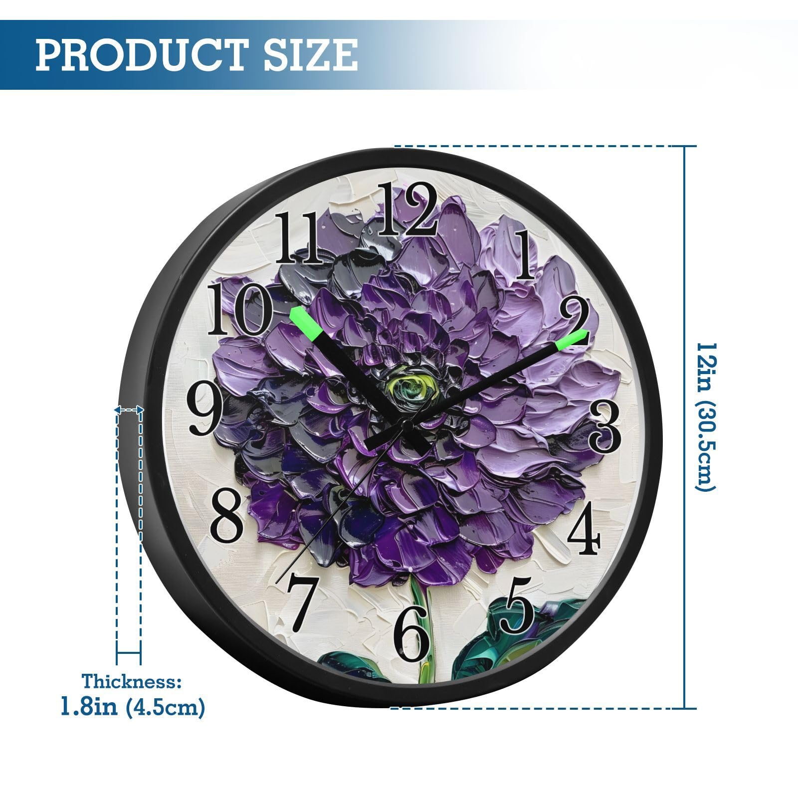 Mnsruu Dhalia - Reloj de pared luminoso con diseño de flores y hojas verdes, funciona con pilas, silencioso, brilla en la oscuridad, para sala de estar, cocina, 30,5 cm