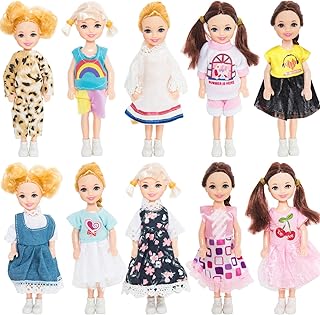 ONEST 10 Sets 5 Inch Dolls Mini Dolls Include 10 Pieces Girl Dolls, 10 Sets Handmade Doll Clothes, 10 Pairs of Doll Shoes