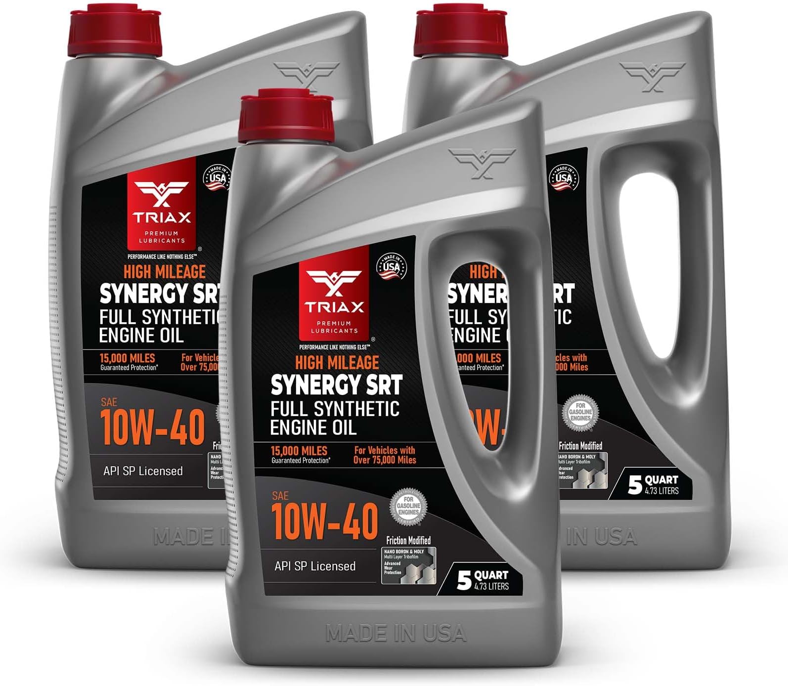 TRIAX Synergy SRT 10W-40 - Full Synthetic, Friction Modified Engine Oil - 20K Miles, API SP Licensed, 3x Wear Protection - Nano Boron and Moly Friction Modified (5 Quart - 3 Pack)