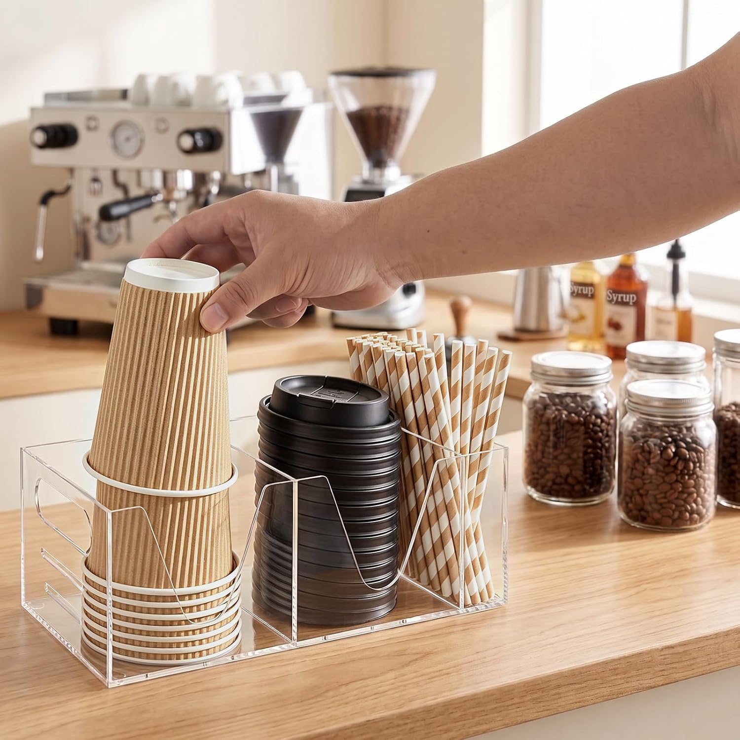 Acrylic Cup and Lid Holder for Countertop, Clear Straw Station Organizer
