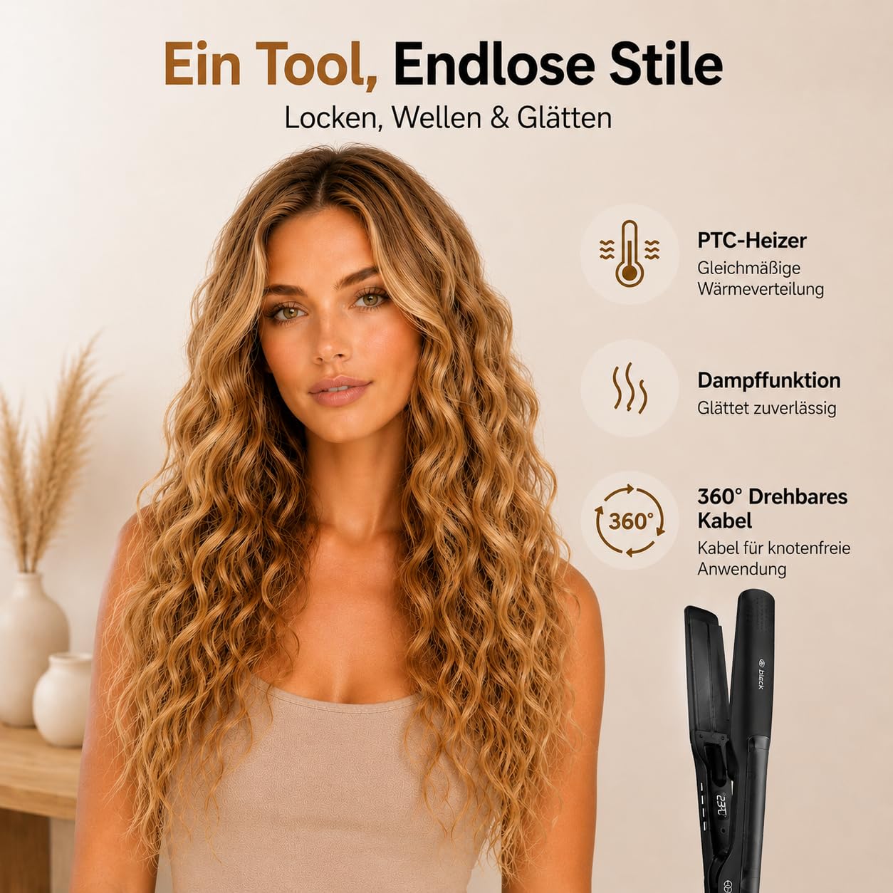 Glätteisen 2-in-1 Professionelles Haarglätter Lockenstab Golden Goods - Dampf & 42mm Breite Titanplatten Keramikbeschichtigung, LCD-Display, 25s schnelles Aufheizen &10 Temperaturstufen 100°C-230°C