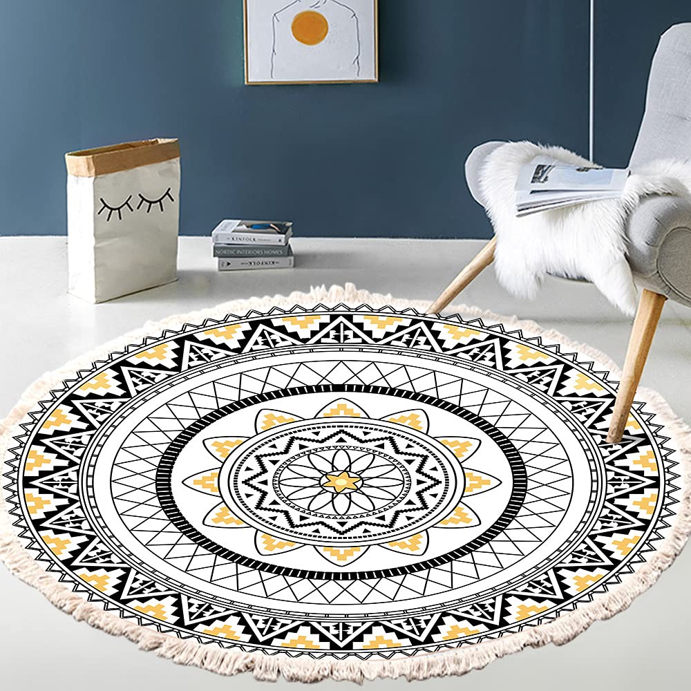 Vintage Boho Cotton Rugs, Mandala Pattern, Washable Hand Woven Bohemian Round Rug with Tassels for Bedroom Hallway