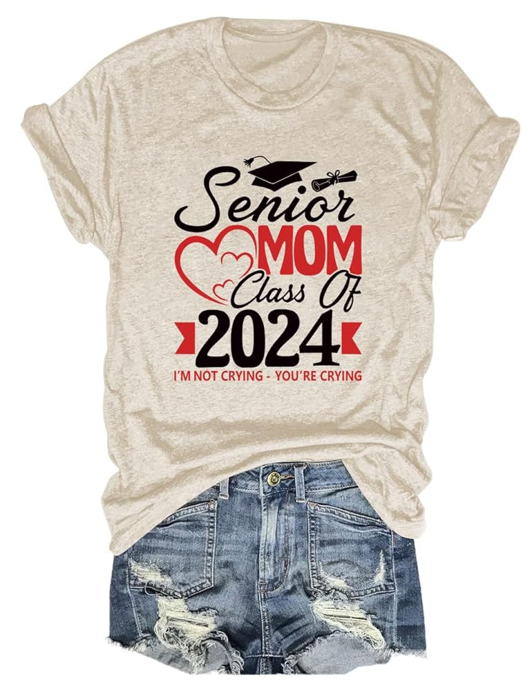 Letters Senior Mom Class of 2024 Love Printed Short-Sleeved