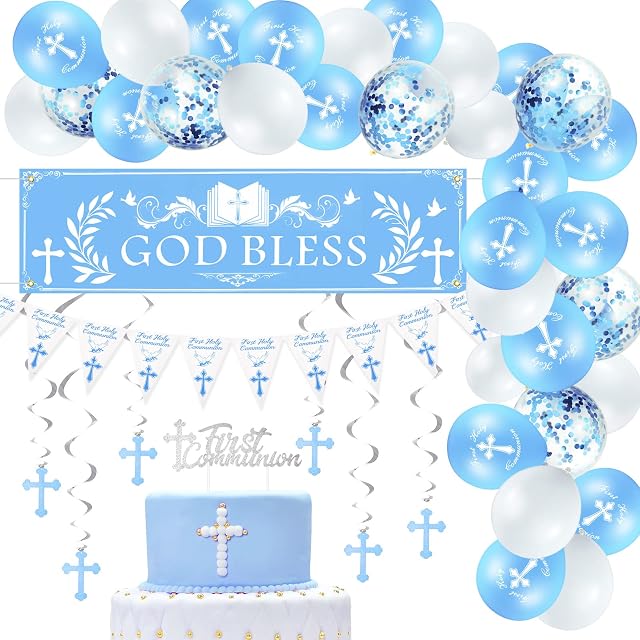 BBTO First Holy Communion Decorations Baby Christening Decorations Baptism Confirmation Decor God Bless Banner Glitter Cake Topper Balloons Cross Hanging Swirl for Boys Girls Kids(Blue)