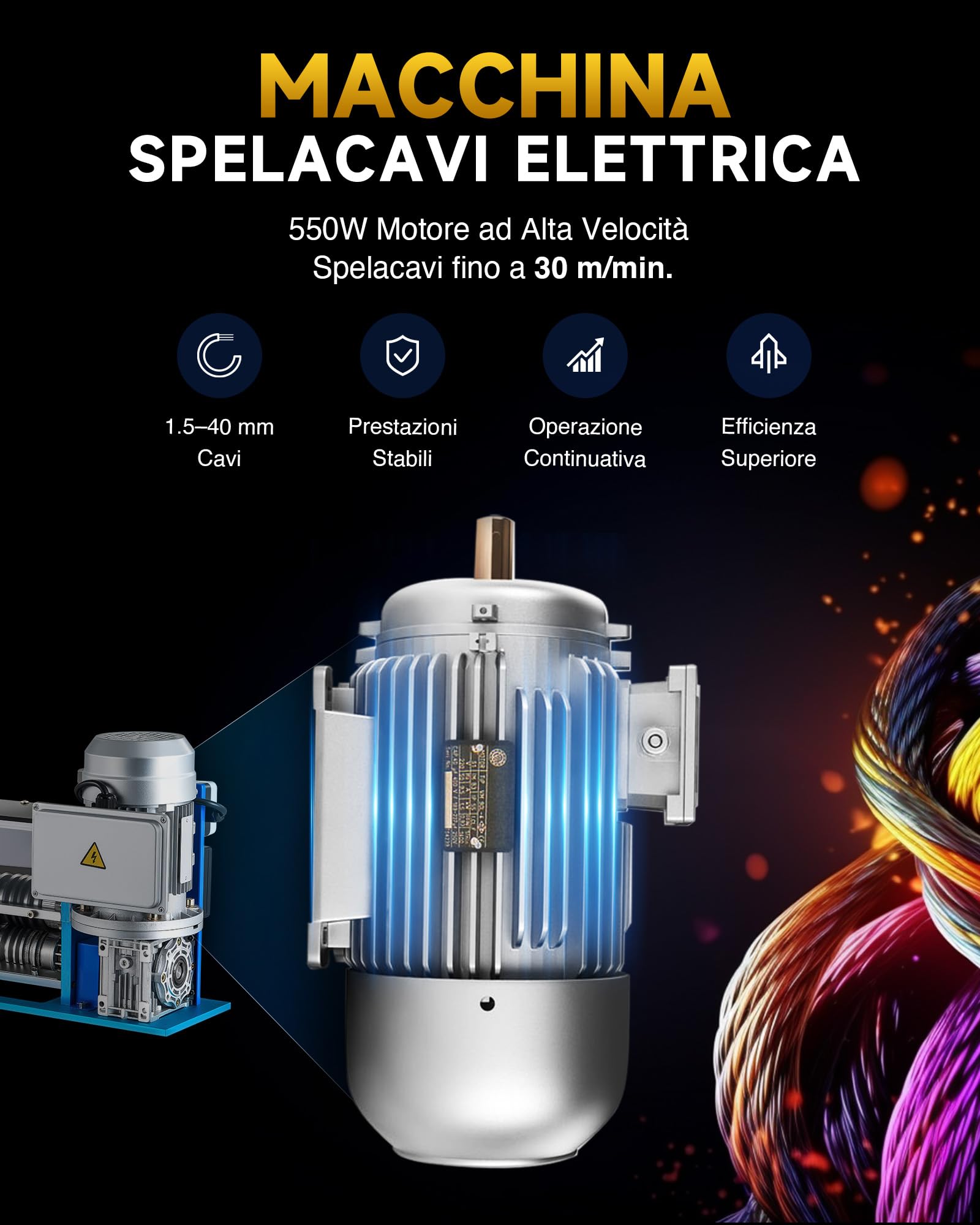 CREWORKS Máquina Pelacables Eléctrica Orofesional de 550 W, Diámetro de 1,5 mm a 40 mm de Diámetro, con 10 Cuchillas y 11 Multiorificios de hasta 30 m/min, Pelacables, Pelacables, Eléctrico