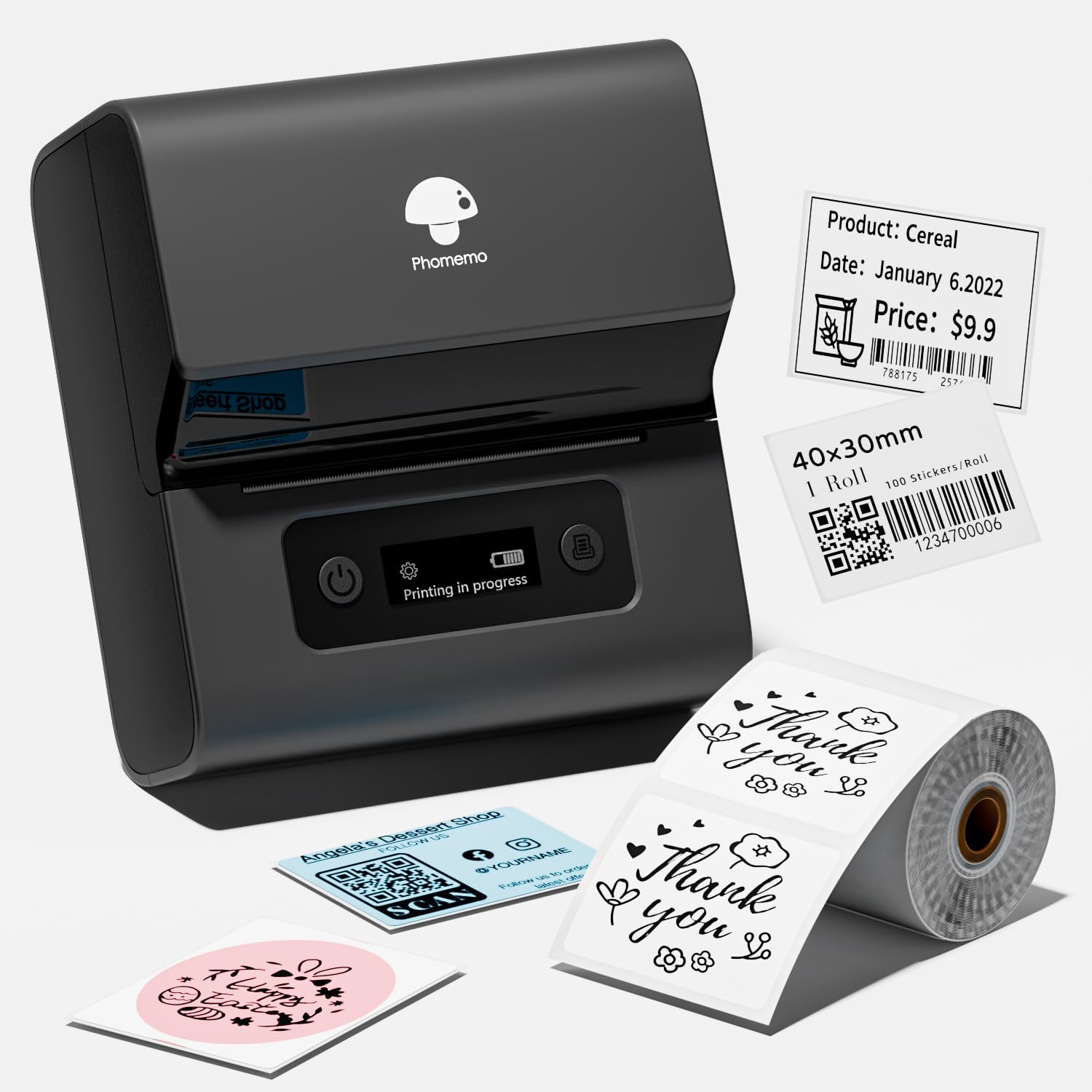 Phomemo Label Makers- Barcode Label Printer M221 3 Inch Label Maker Bluetooth Thermal Printer for Small Business/Home Use, for Barcode, Address, Logo, Stickers, Compatible with Phone & PC, Gray