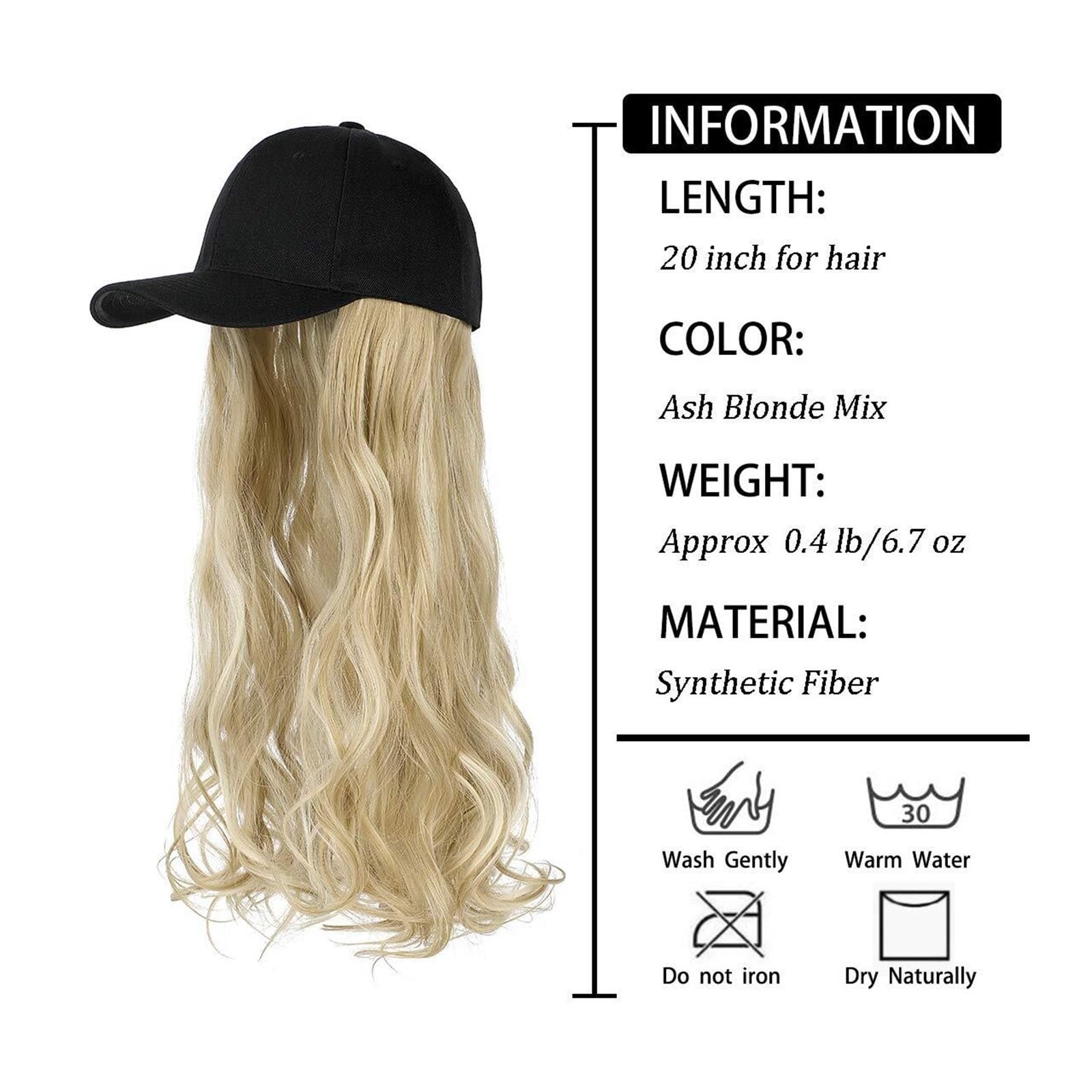 JUNXIAN Wig Cap Long Wavy Synthetic Wig Baseball Cap with Hair Extensions Hat Wigs Natural Connect Wig Adjustable for Women Wig Hat(6)
