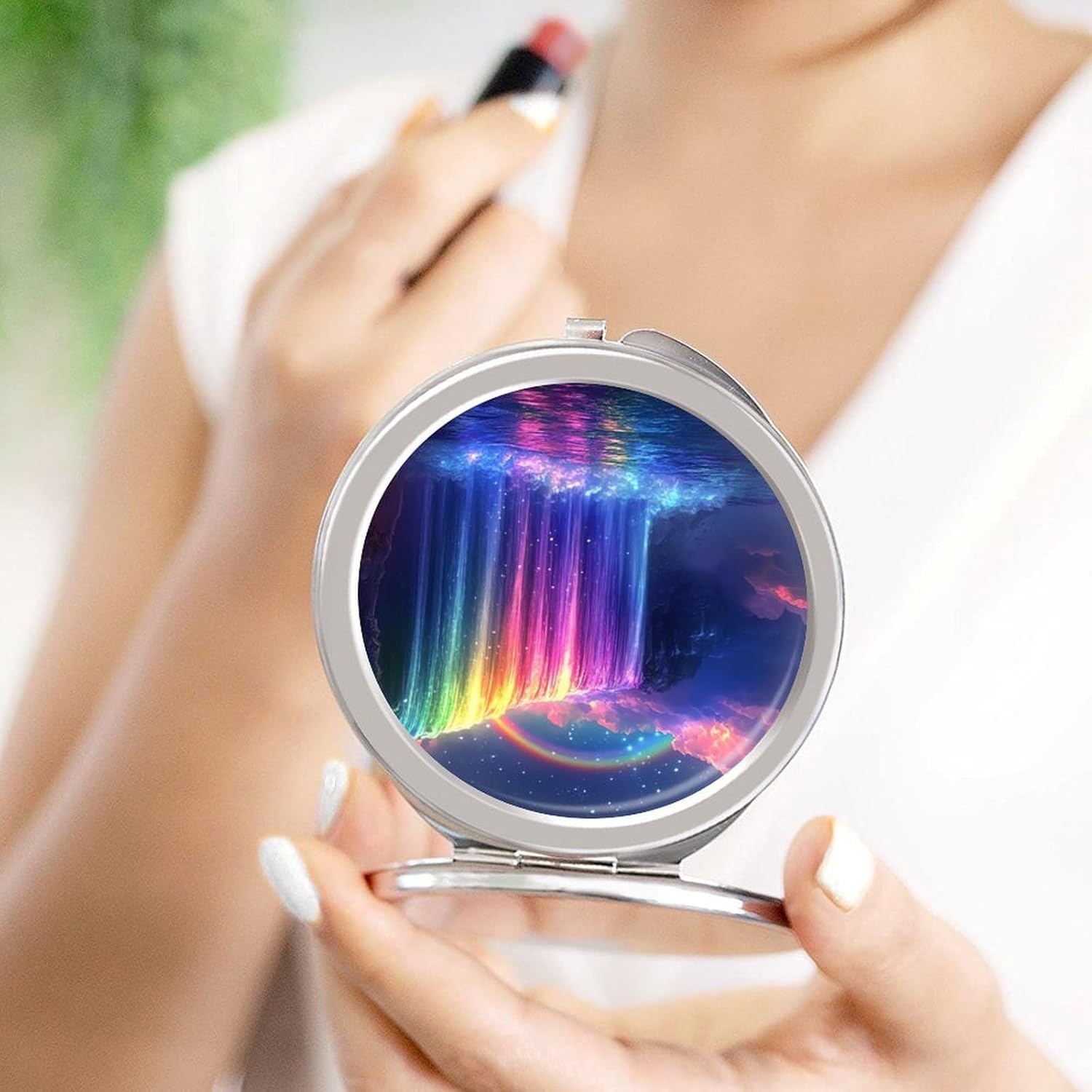 Colorful Waterfall Landscape Compact Makeup Mirror Mini Foldable Cosmetic Mirror Portable Travel Mirror for Purse Pocket