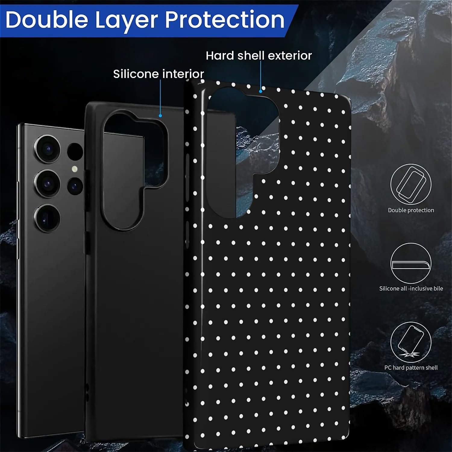 Funda híbrida resistente 2 en 1 para Samsung Galaxy S24 Ultra, resistente a los golpes, protección brillante para Samsung Galaxy S24 Ultra, diseño de lunares, color negro