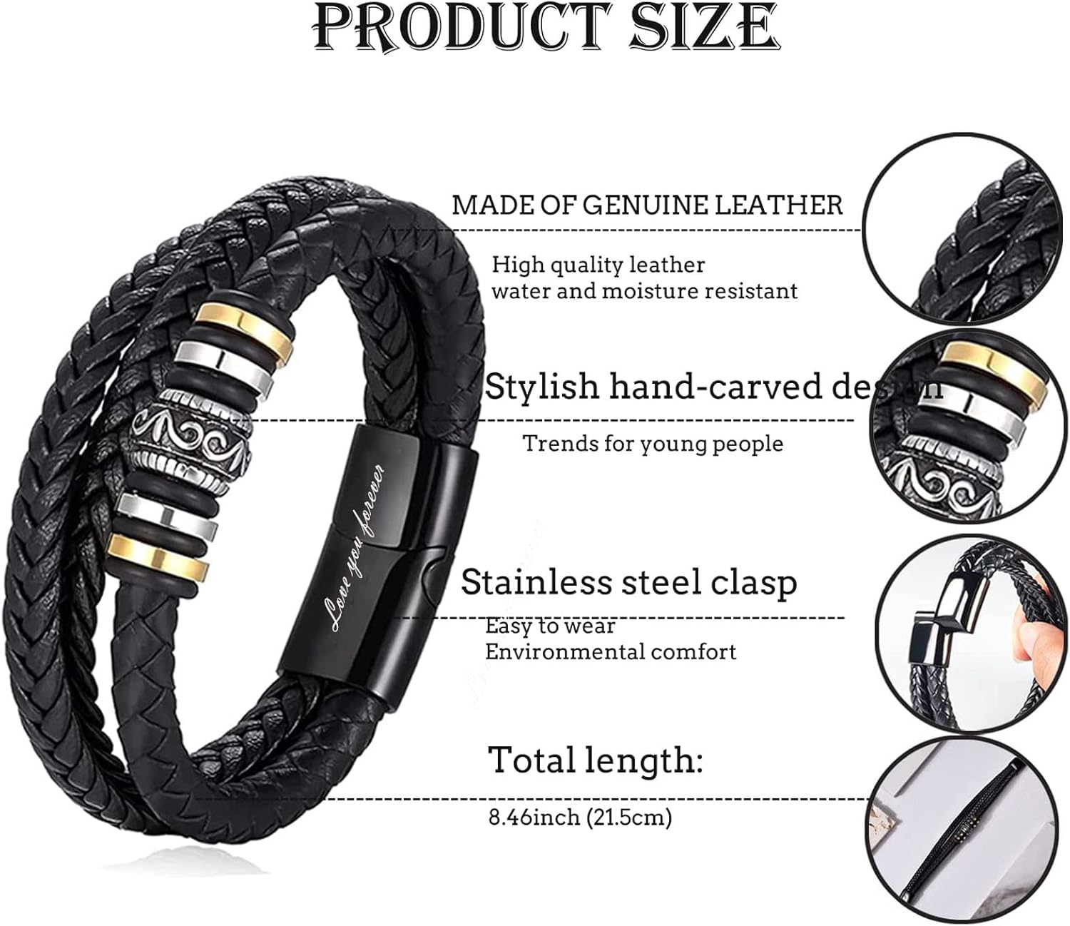 To My Grandson -I Love You Forever Bracelet, Personalized Multi-Layer Braided Leather Bracelet Stainless Steel Black Inspirational Bangle Wristband Graduation Birthday Jewelry for Grandson from Grandma - Image 5