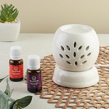 Asian Aura Handcrafted Ceramic Electric Round Shaped Aroma Diffuser| Aroma Oil Burner for Aromatherapy| Home Decor and Fragrance with Aroma Oils(English Lavender & Rosy Romance Fragrance 10ml Each) - image, photos