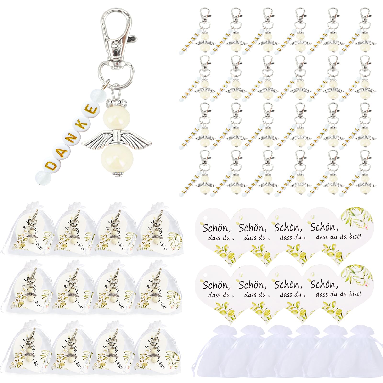 Schutzengel Anhänger 24 Stück, Kleine Gastgeschenke mit Organzasäckchen Kraftpapier Glücksbringer Geschenk für Hochzeit, Taufe, Dankeschön, Kommunion, Konfirmation, Geburtstag, Silvester, Weihnachten
