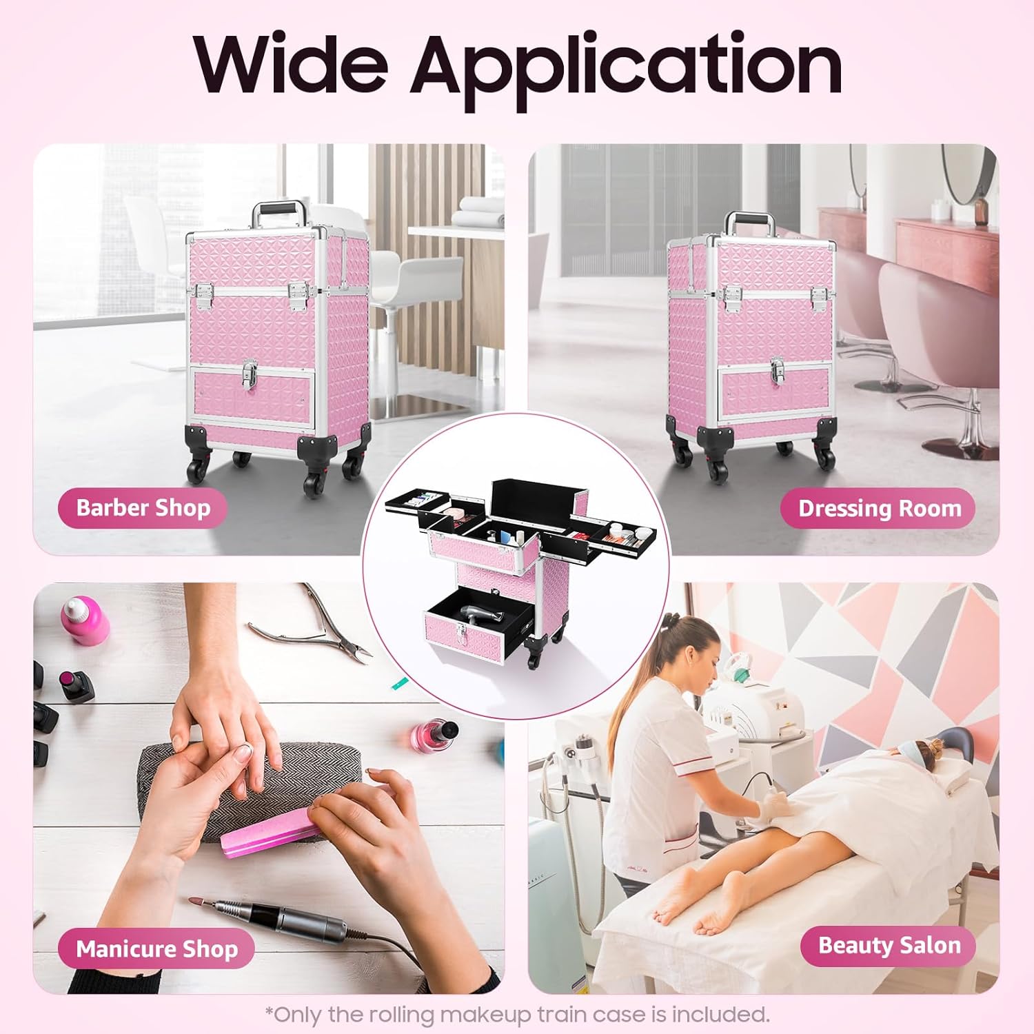 13.4x9.8x18.5in Rolling Makeup Case with Wheels,Five-in-One Makeup Box Load 44.09lbs,Aluminum Alloy Cosmetic Organizer for Hair Stylists,Pet Groomers,Dresser Artists (Pink) - Image 2