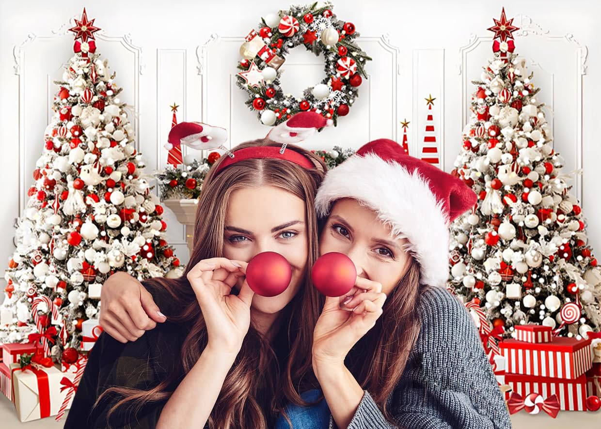 3x2.4m Toile de Fond Noël Photo de Noël Cheminée Blanc Rouge Arbre de Noël Fond Photographique Famille Enfants Hiver Vacances Noël Nouvel an Décorations Fête Bannière Photo Booth Props