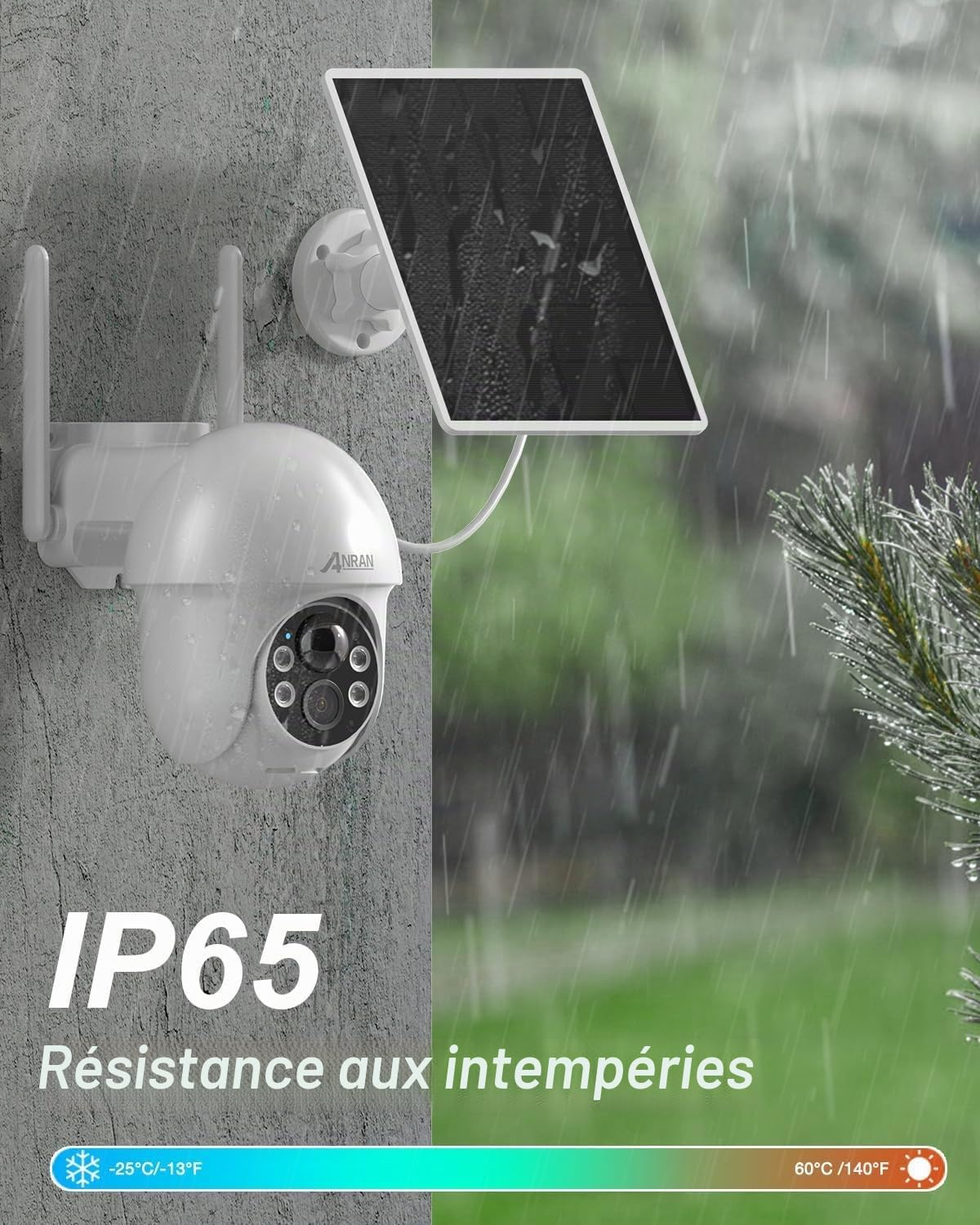 ANRAN 2K Caméra Surveillance WiFi sans Fil, Panneau Solaire+Batteries, 360° Pan/Tilt, Détection Mouvement PIR, Couleur Vision Nocturne Alarme Audio, SD/Cloud, Compatible Alexa, Blanc