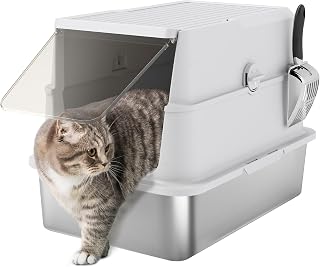 PawHut Katzenklo Edelstahl mit Deckel, XL Katzentoilette mit Streuschaufel, Katzentoilette mit Deodorierungsbeutel, für Katzen bis 7 kg, Leicht zu Reinigen, Hellgrau