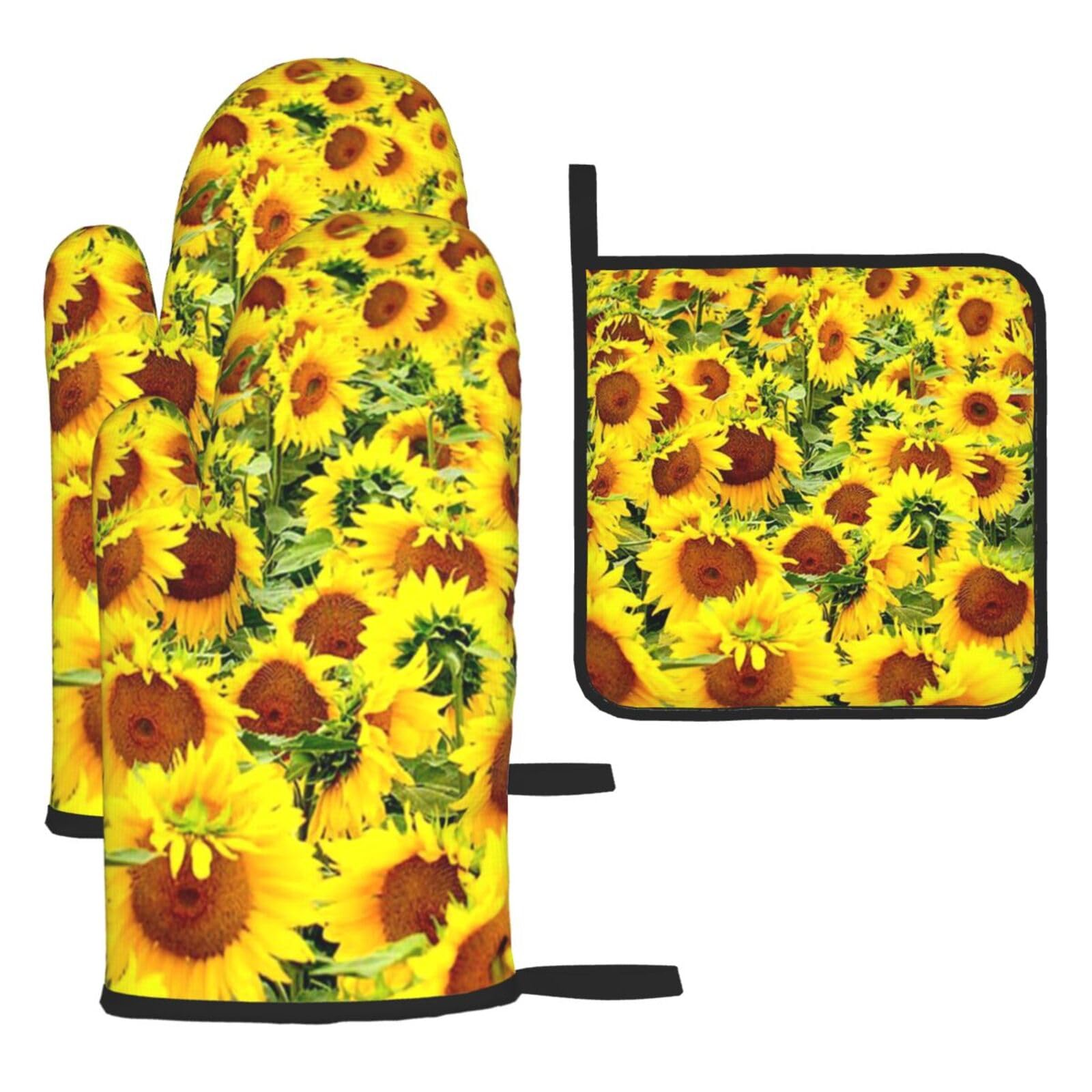 Sunflowers Print Oven Set Kitchen Gloves Baking Grilling Microwaving Cooking Gift Everyday Holiday