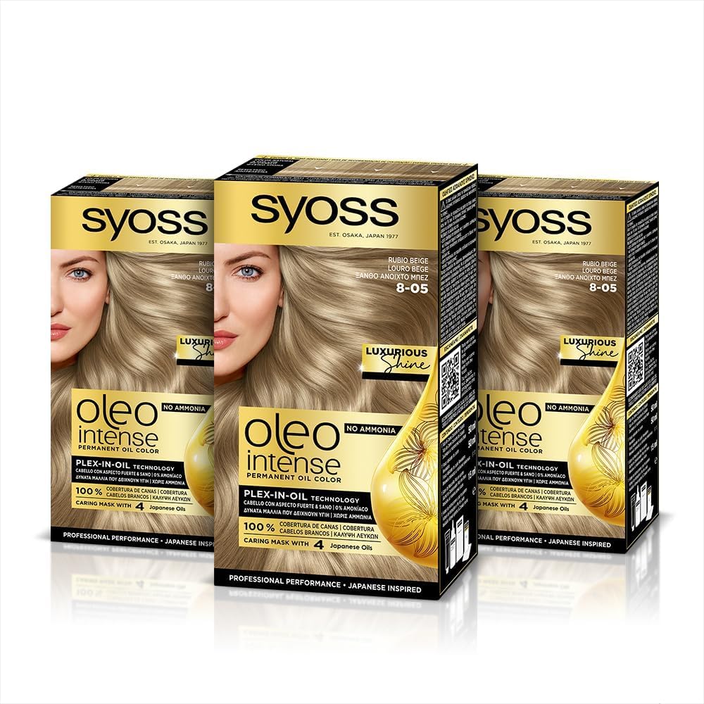 Syoss Oleo Intense - Tinte 8-05 Rubio Beige – Coloración permanente Sin Amoníaco – Cobertura profesional de canas – Resultados de peluquería (Pack De 3)