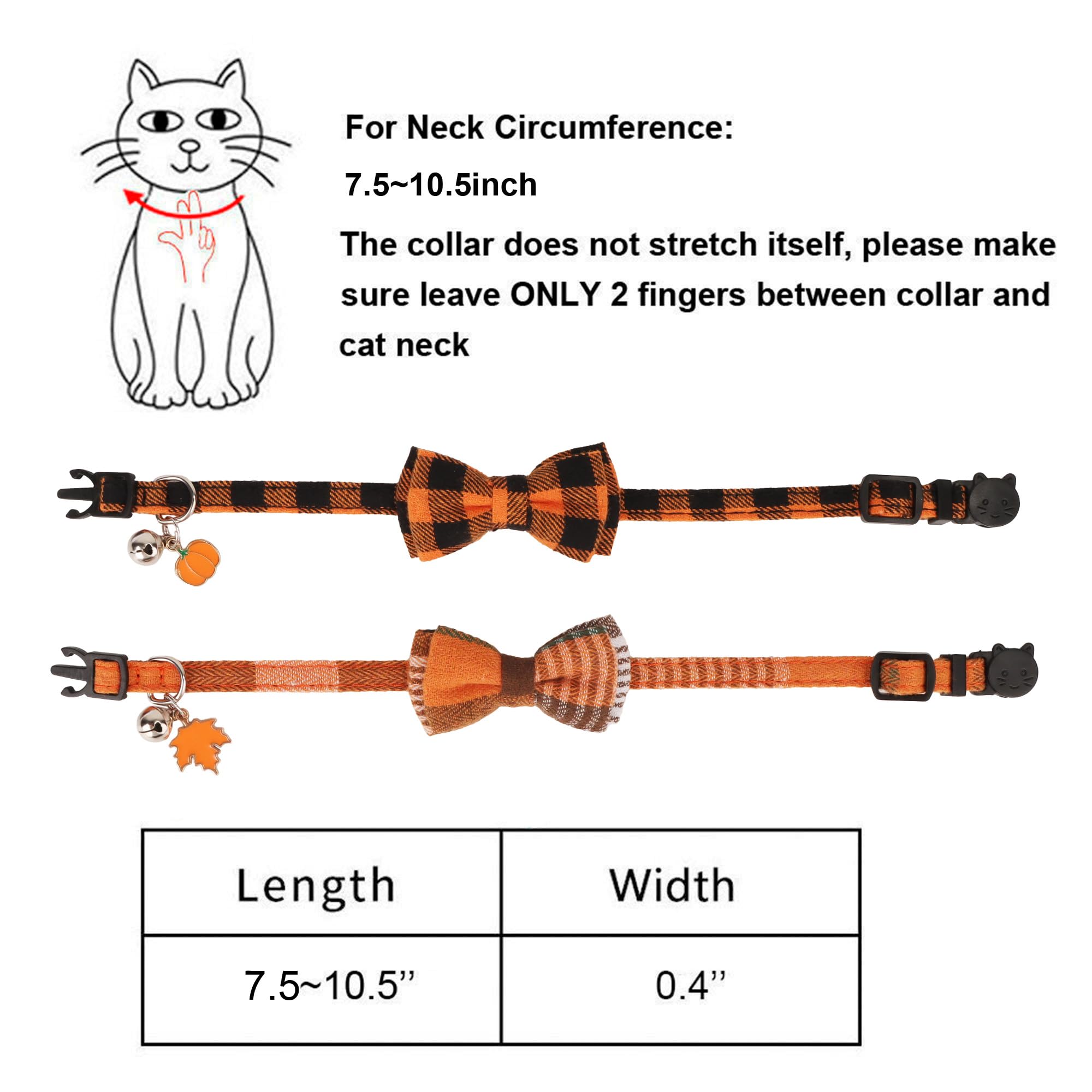 ADOGGYGO Herbst-Katzenhalsbänder mit abnehmbarer Schleife, 2 Stück, Orange kariert, Thanksgiving, Halloween, Herbsthalsbänder für Katzen und Kätzchen