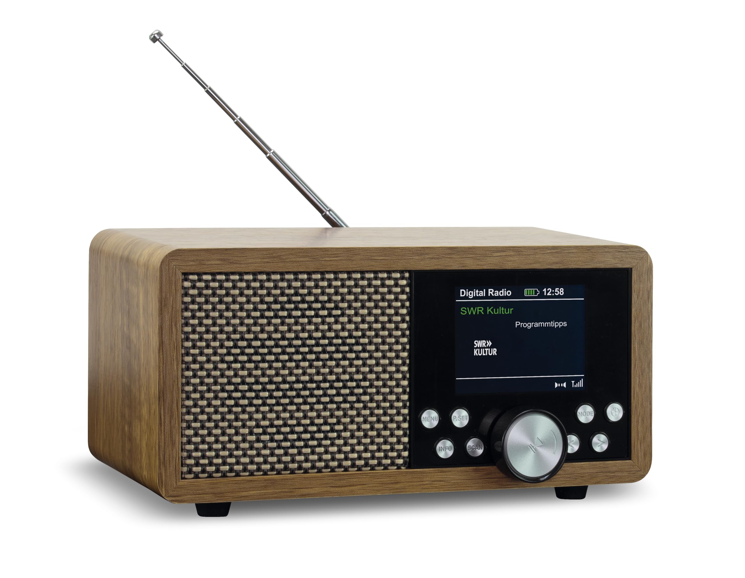 Dynavox DBT600 DAB+ Radio/digitale FM, portatile, ideale come radio da cucina/bagno/ufficio, sveglia, BT, display TFT, funzionamento a rete o batteria, USB/Micro-SD, decorazione in legno marrone