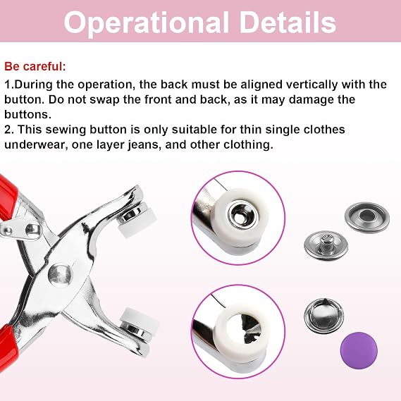 Snap Button Fastener Kit, 100 Sets Metal Poppers Press Studs Snap Fasteners with Pressure Pliers Colorful Poppers Fasteners Tool No Sewing for DIY Clothing Bags Crafts Handmade 10 Colors, 9.5mm