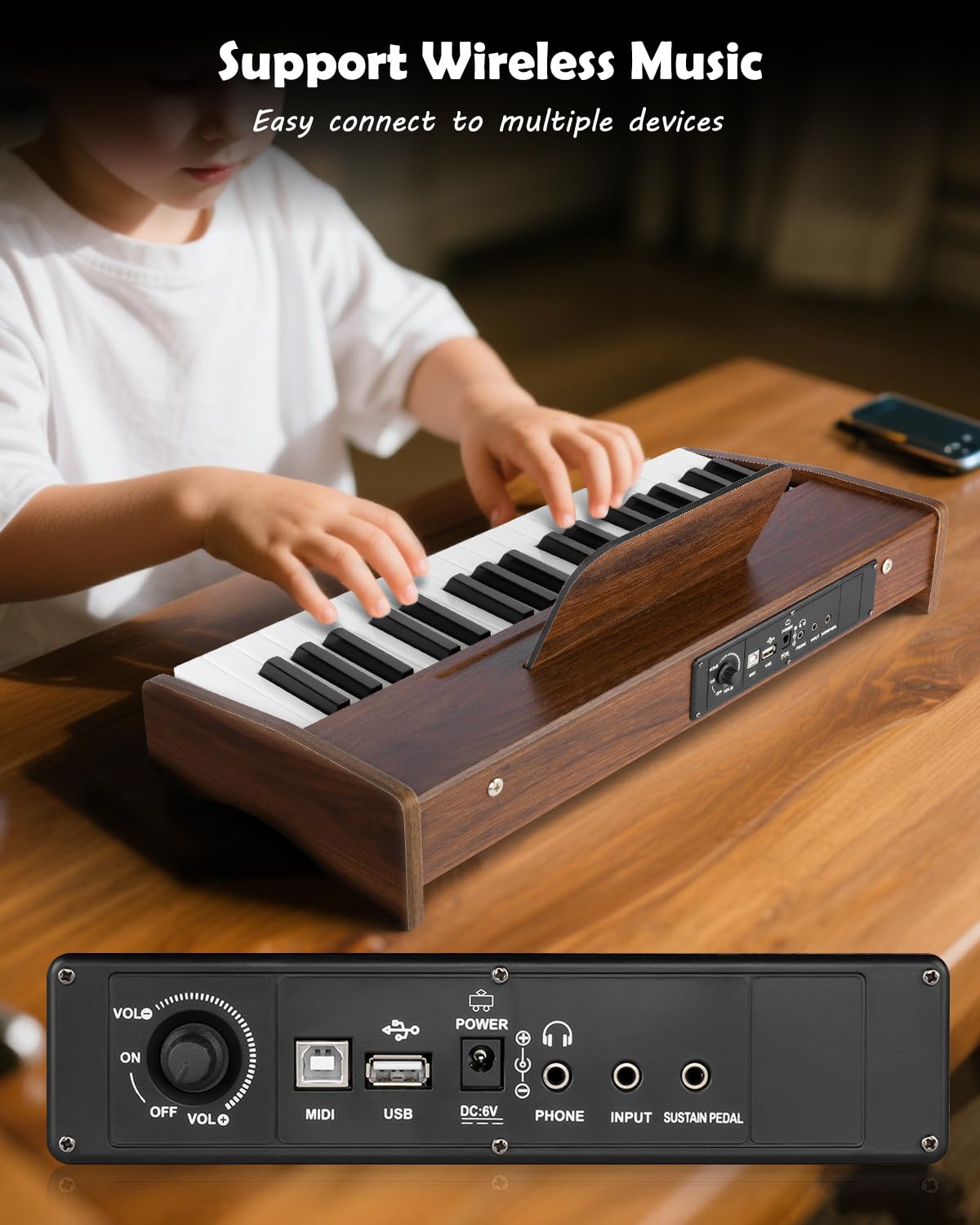 STRICH Clavier de piano numérique à 37 touches, mini piano numérique pour enfants, volume réglable, livre de musique, piano en bois pour 3 filles et garçons et plus, couleur noyer, SEK-37