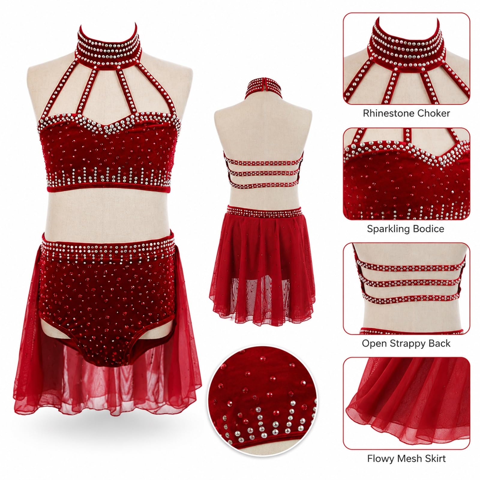 Conjunto de danza rojo 2 piezas con pedrería mujer y adolescente