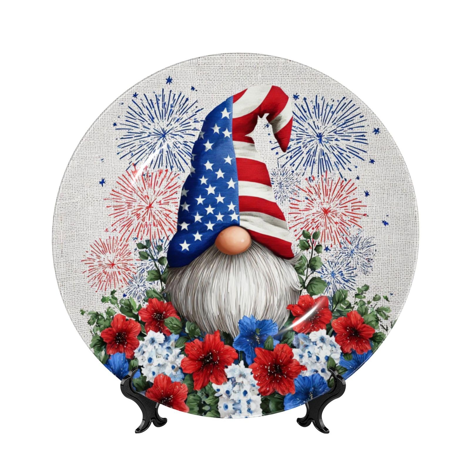 YZILDP American Flag Gnomes Ceramic Plate with Stand,7 in,4th of July Decorative Plates for Wall Hanging Ceramic Craft for Kitchen Cabinets Dining Room Office Home Decor,Round
